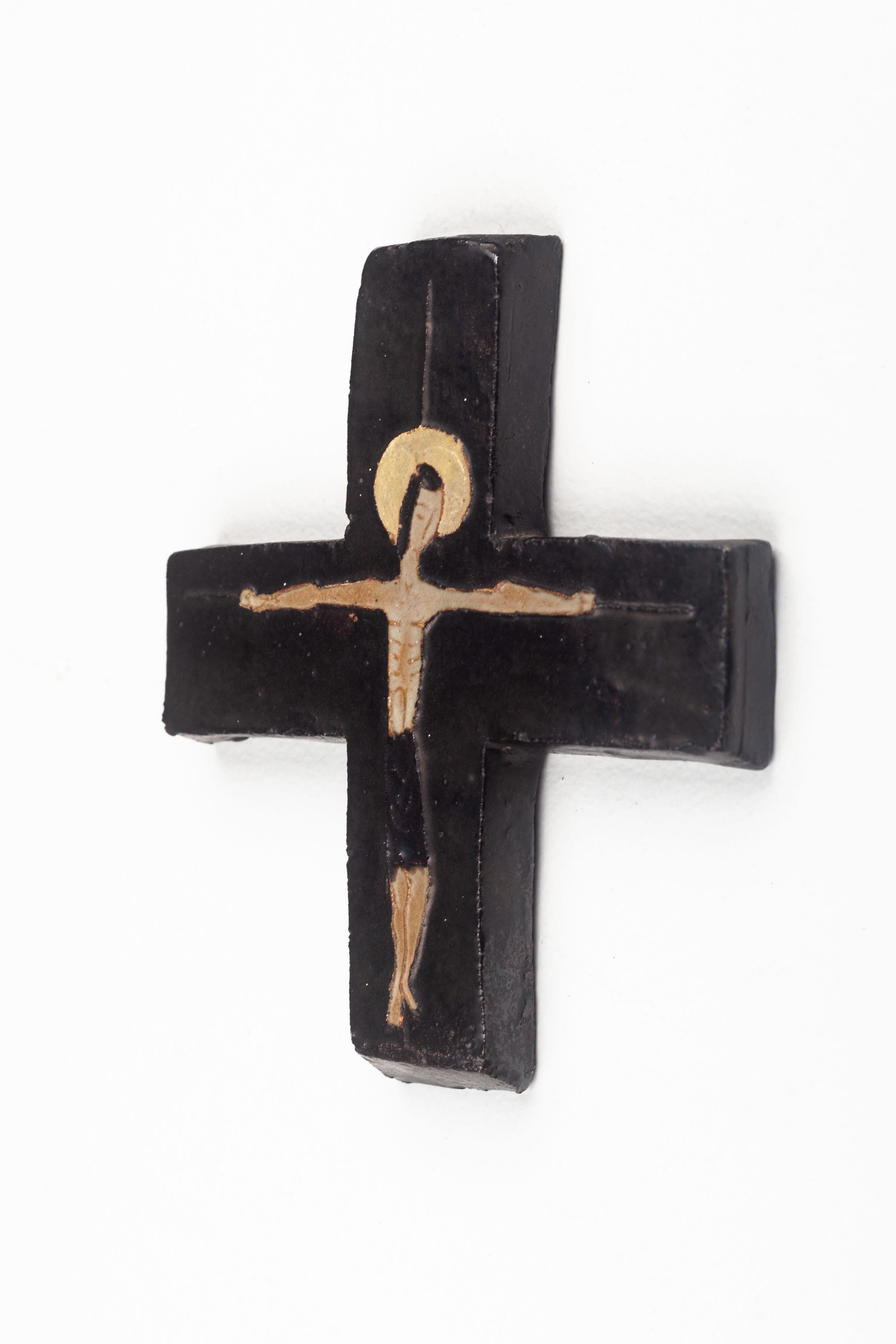 Mid-20th Century Vintage Midcentury European Black, Brown, Gold Ceramic Crucifix For Sale