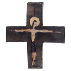 Crucifix vintage du milieu du siècle en céramique noire, Brown et or