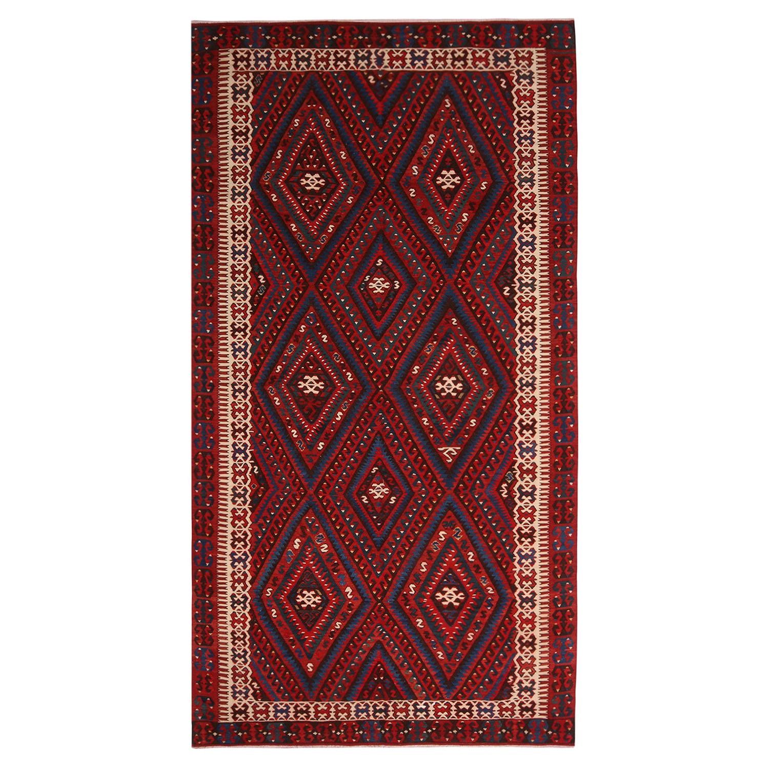 Vintage Midcentury Fethiye Diamond Tribal Red Blue Wool Kilim Rug by Rug & Kilim