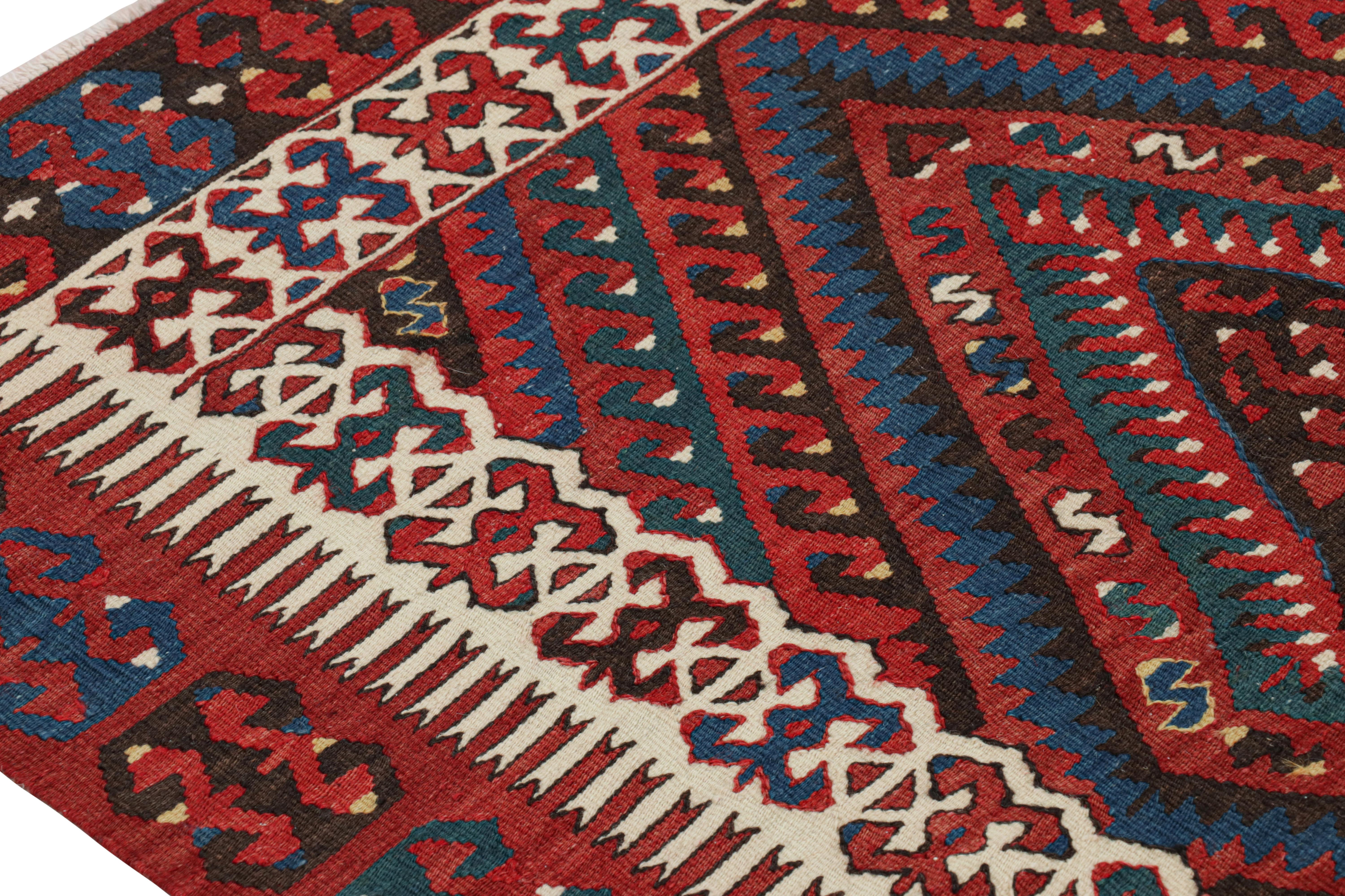 Turkish Vintage Midcentury Fethiye Diamond Tribal Red Blue Wool Kilim Rug by Rug & Kilim For Sale