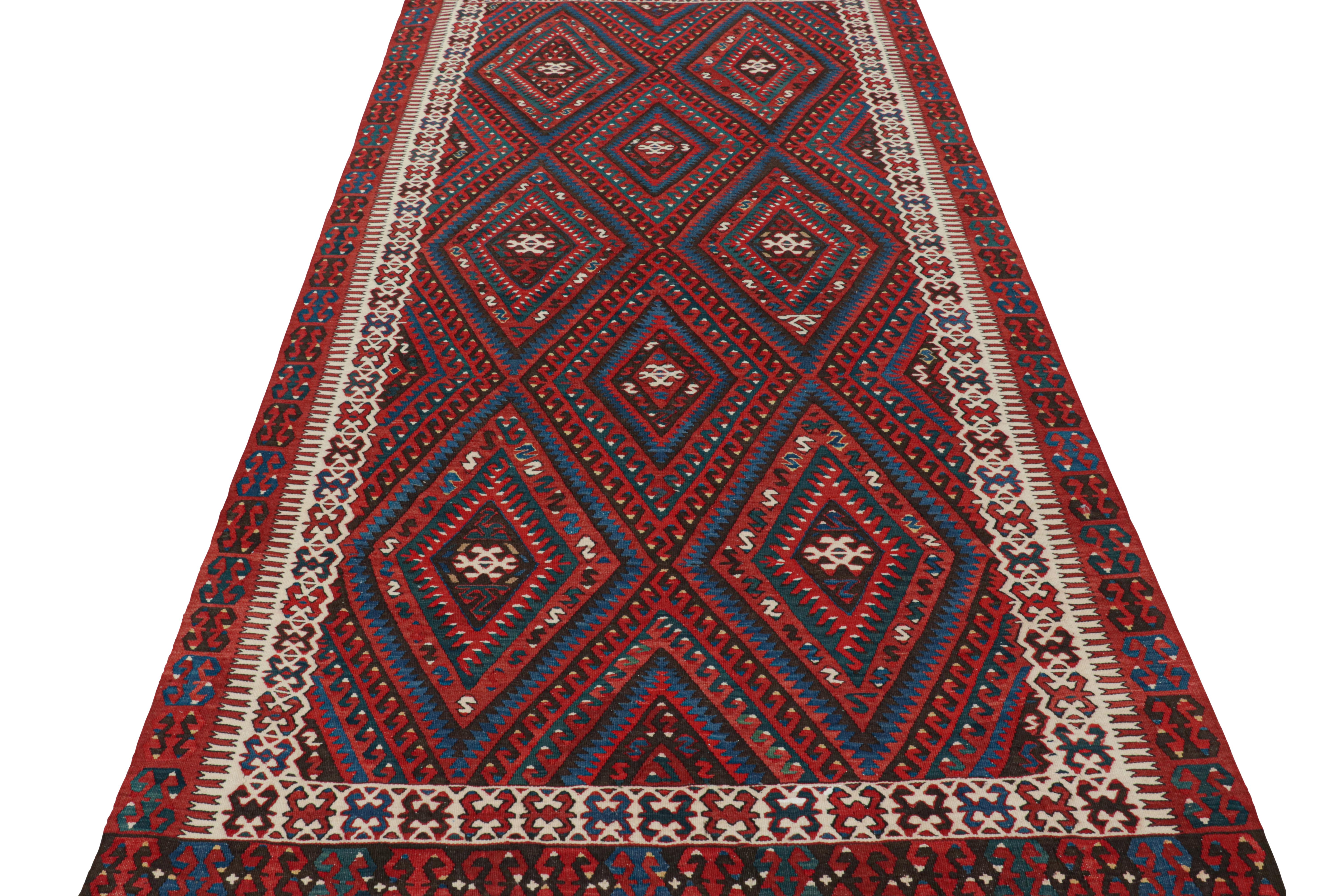 Vintage Midcentury Fethiye Diamond Tribal Red Blue Wool Kilim Rug by Rug & Kilim In Good Condition For Sale In Long Island City, NY