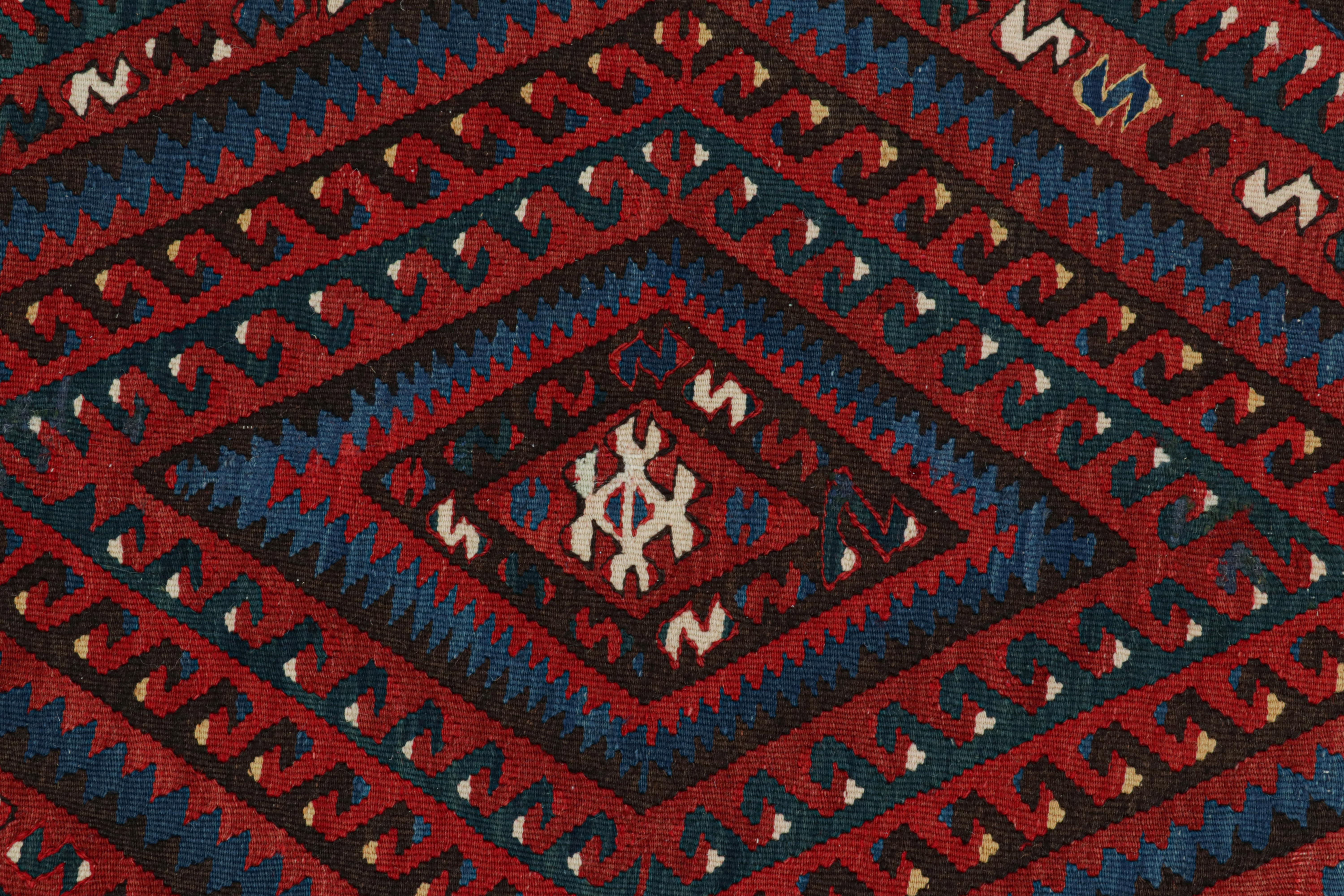 Mid-20th Century Vintage Midcentury Fethiye Diamond Tribal Red Blue Wool Kilim Rug by Rug & Kilim For Sale