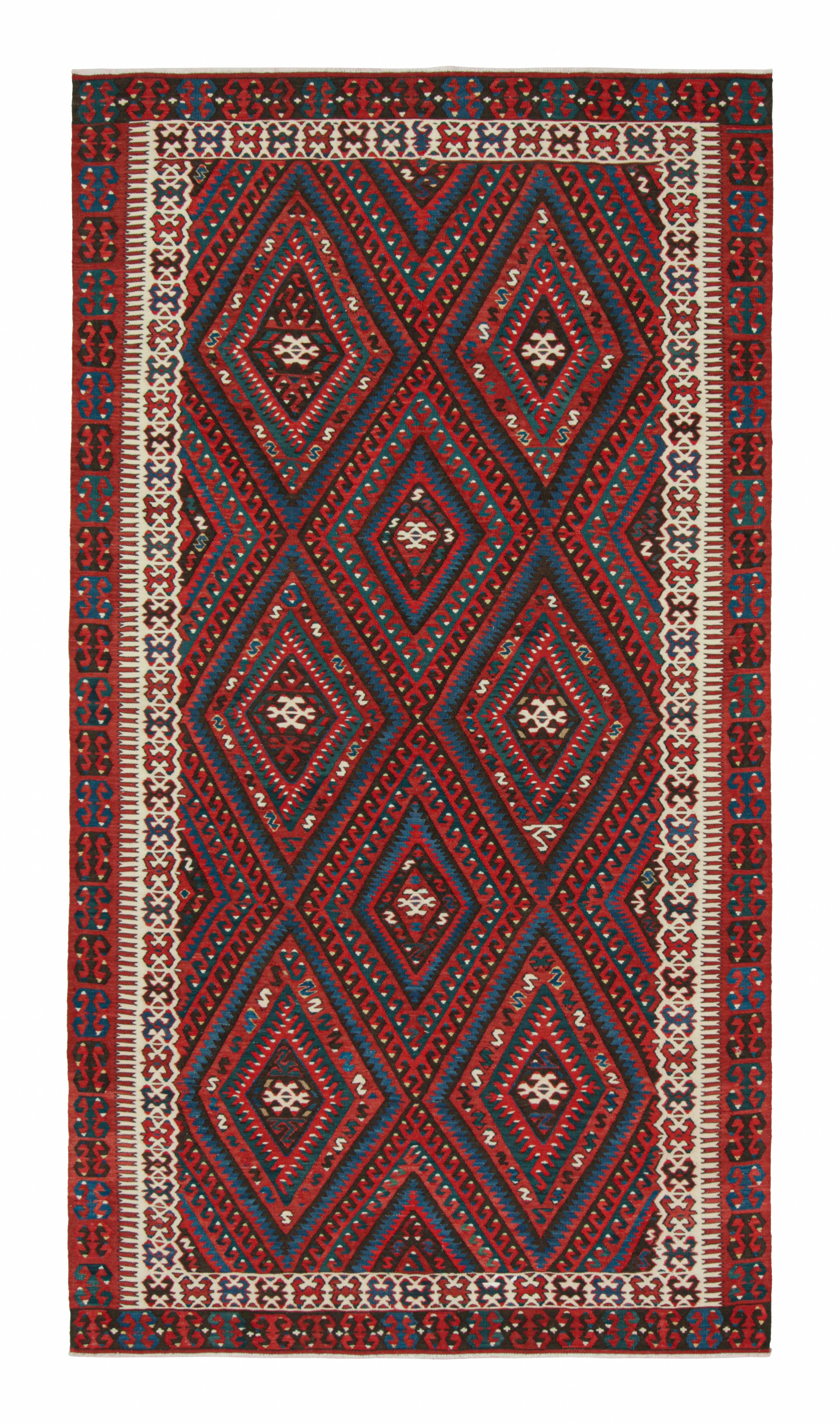 Vintage Midcentury Fethiye Diamond Tribal Red Blue Wool Kilim Rug by Rug & Kilim
