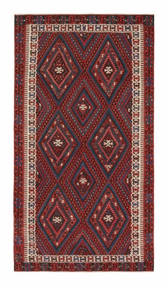 Tapis Kilim vintage Fethiye Diamond Tribal rouge bleu en laine de Rug & Kilim, milieu du siècle dernier