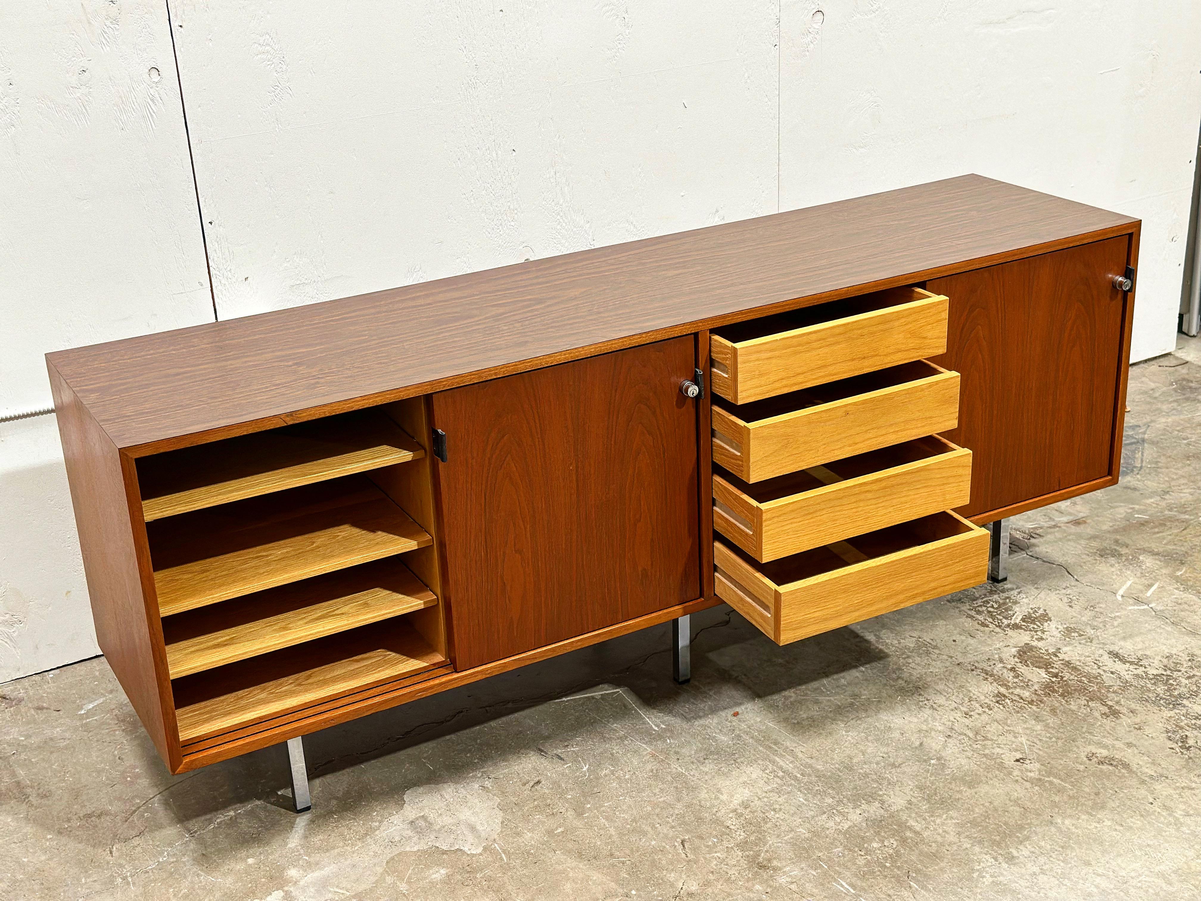 Vintage Midcentury Florence Knoll Credenza - Walnut + Chrome + Leather For Sale 2