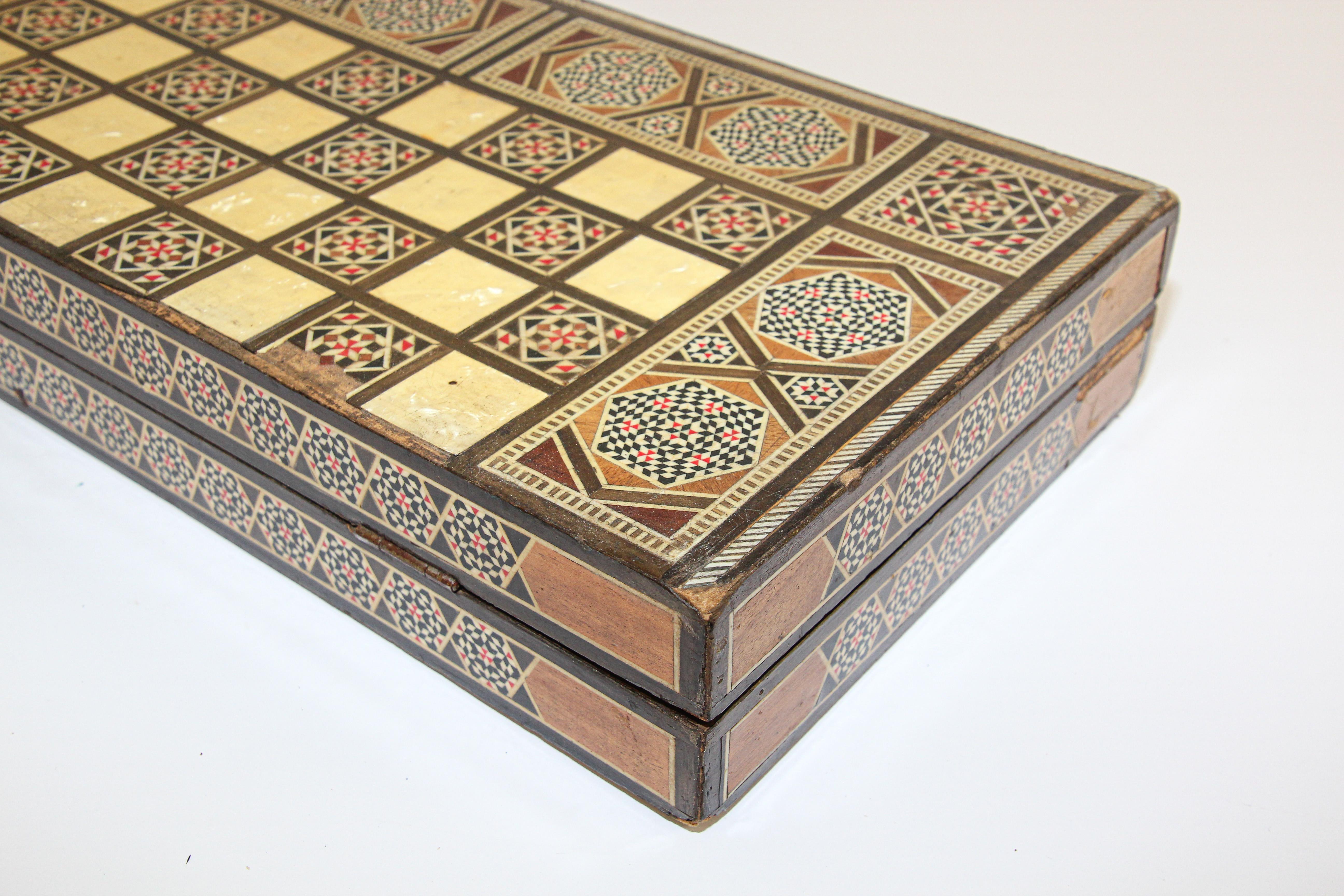 Vintage Midcentury Folding Mosaic Inlaid Box with Backgammon Game 1