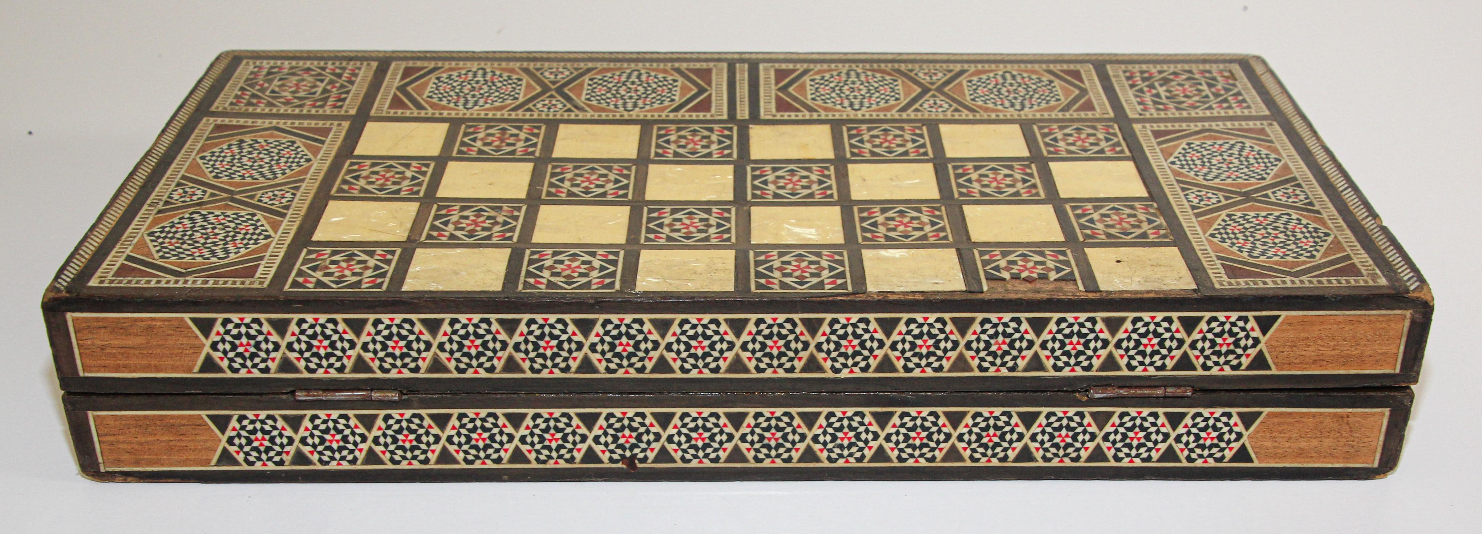 Vintage Midcentury Folding Mosaic Inlaid Box with Backgammon Game 2