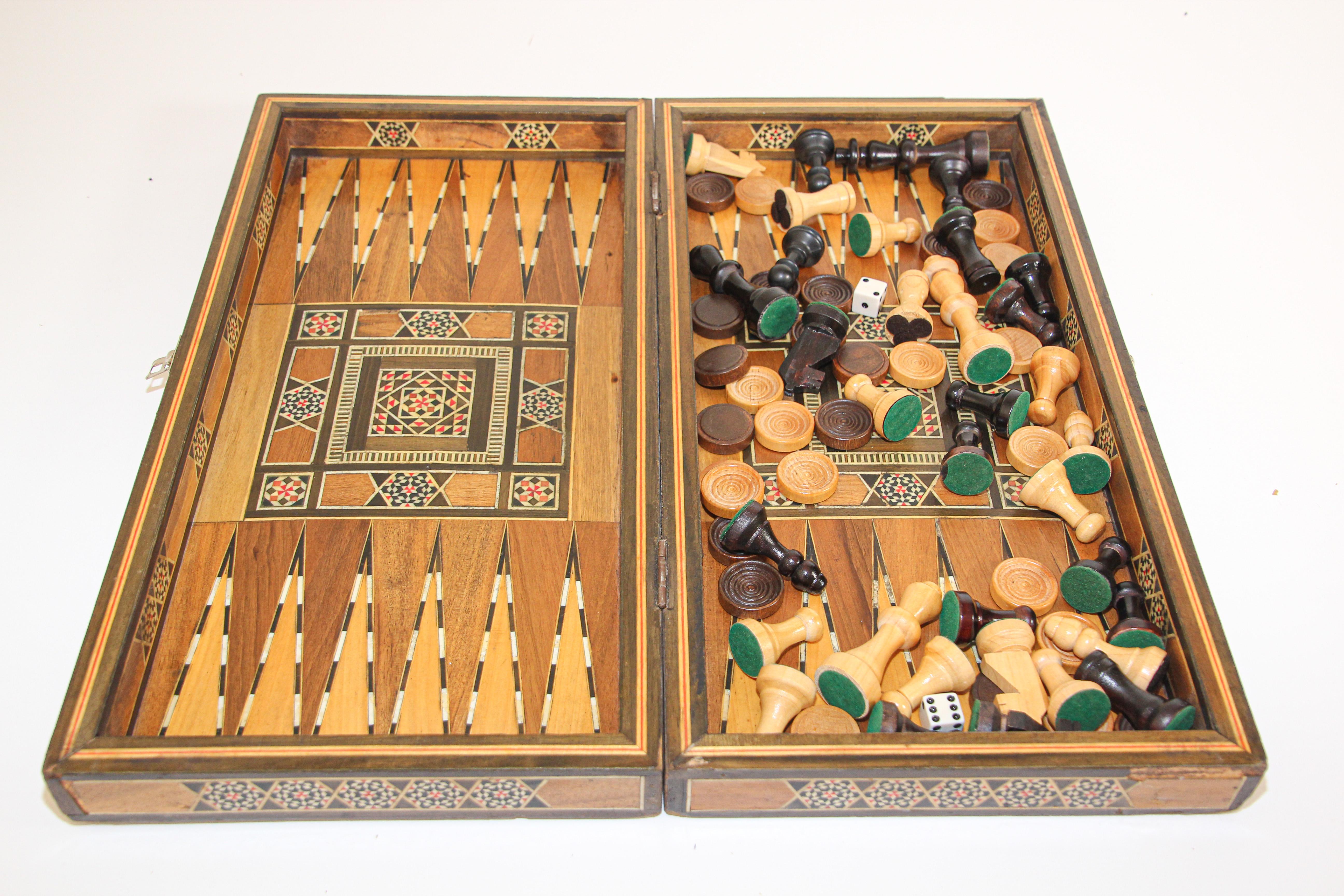 Vintage Midcentury Folding Mosaic Inlaid Box with Backgammon Game 3