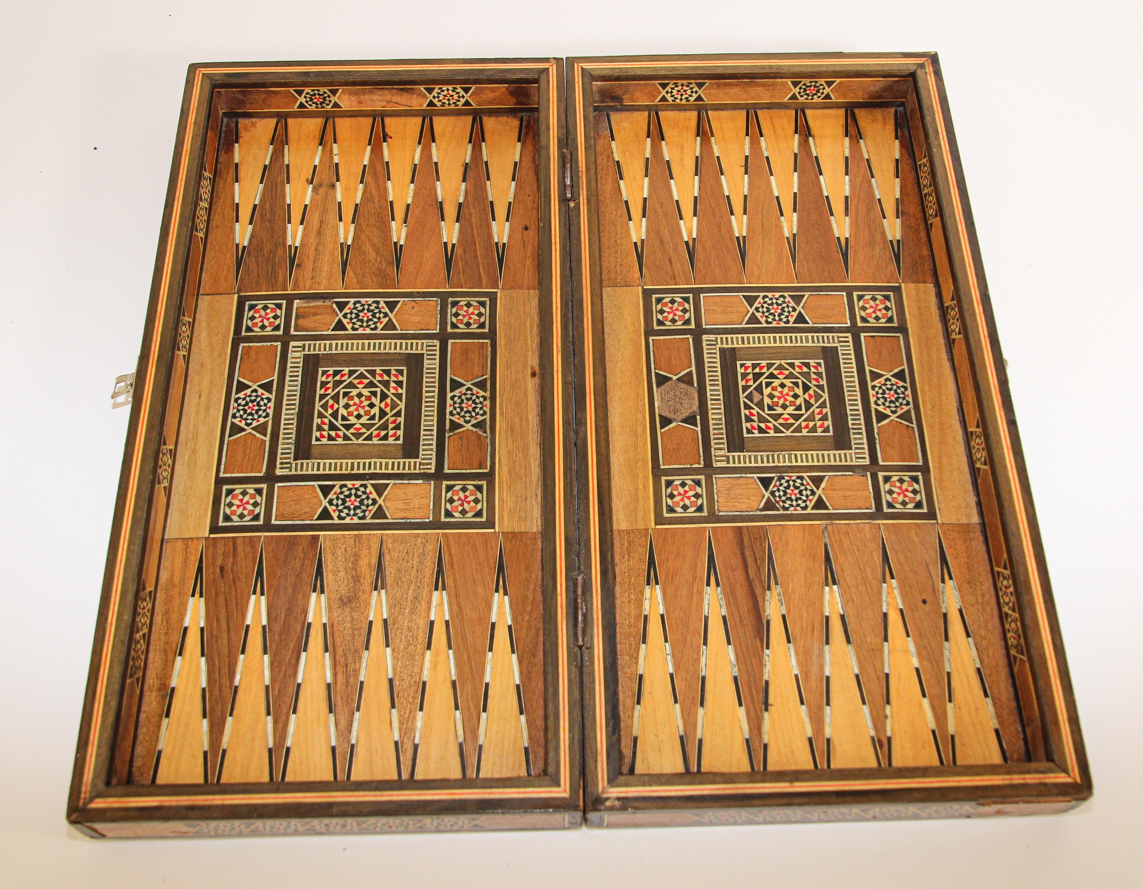 Vintage Midcentury Folding Mosaic Inlaid Box with Backgammon Game 6