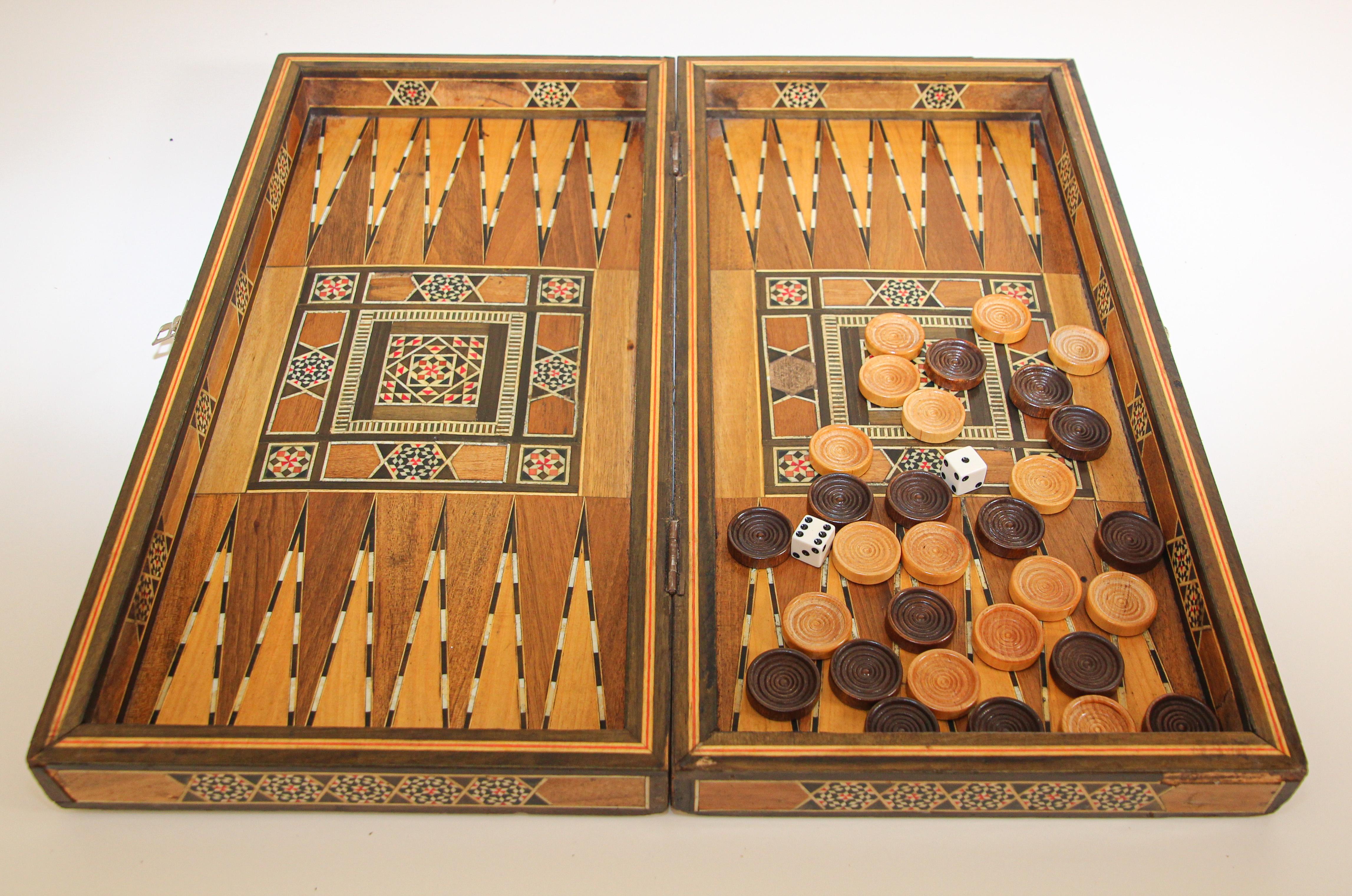 Vintage Midcentury Folding Mosaic Inlaid Box with Backgammon Game 9