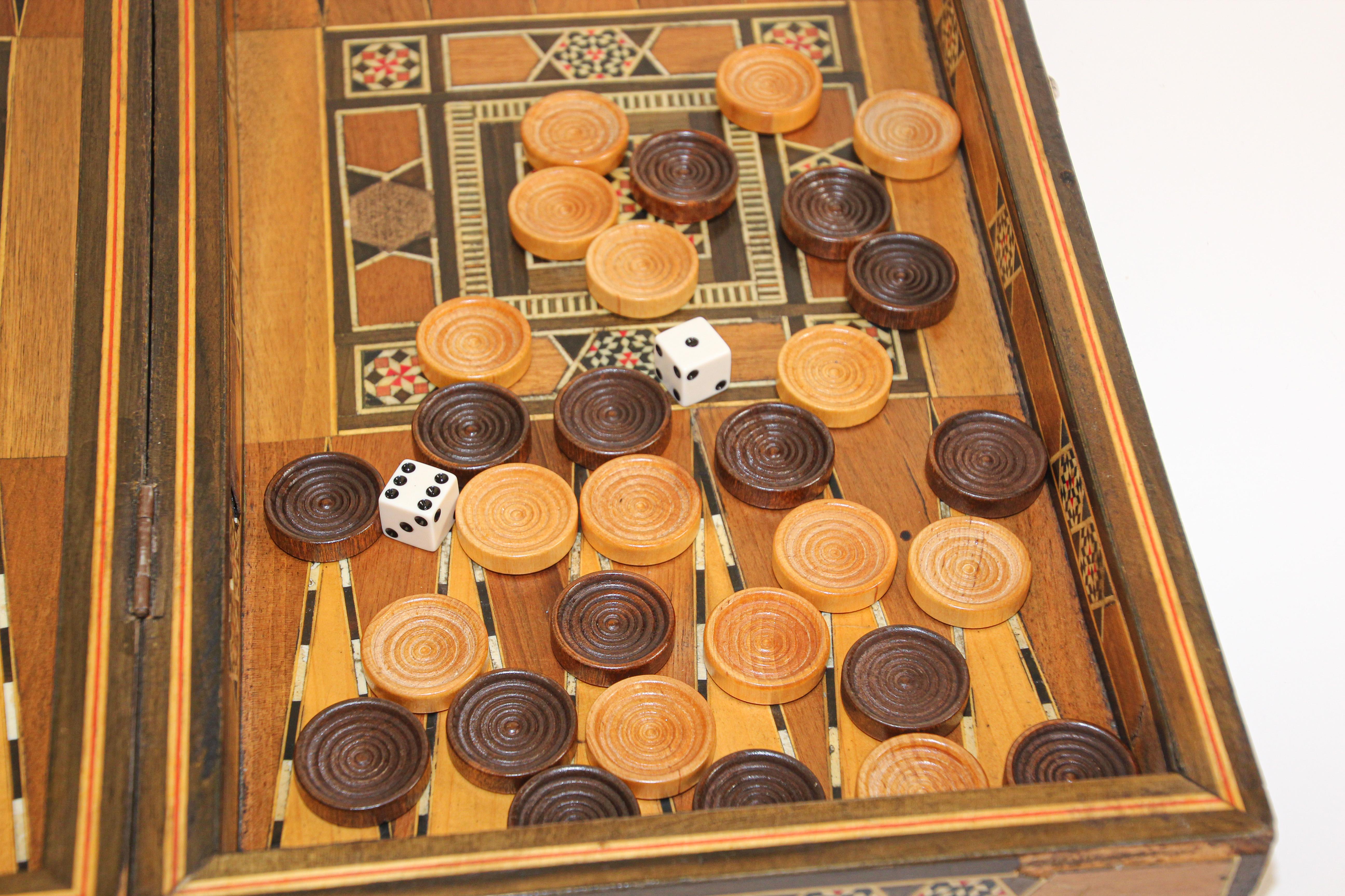 Vintage Midcentury Folding Mosaic Inlaid Box with Backgammon Game 10