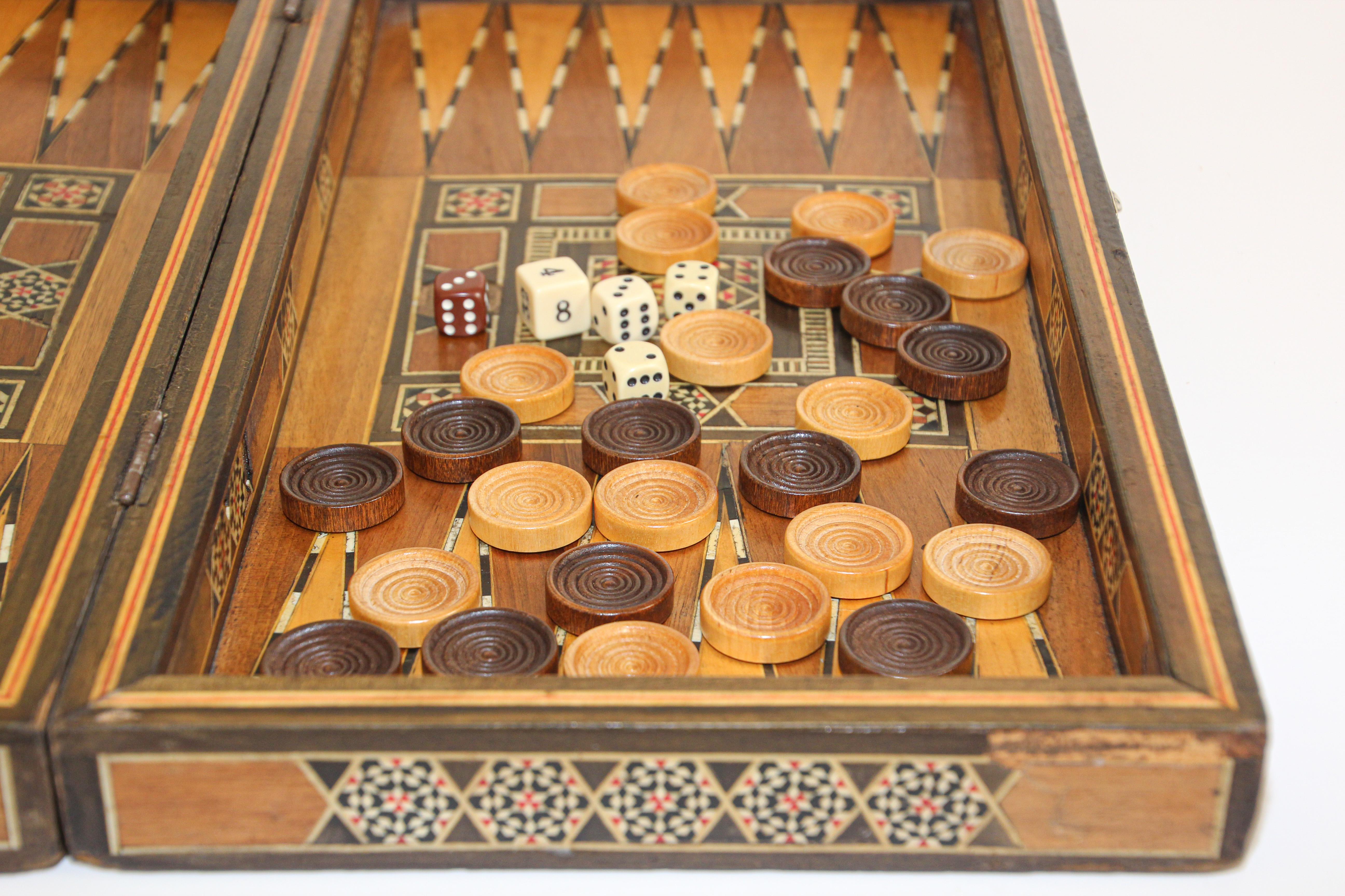 Vintage Midcentury Folding Mosaic Inlaid Box with Backgammon Game 11