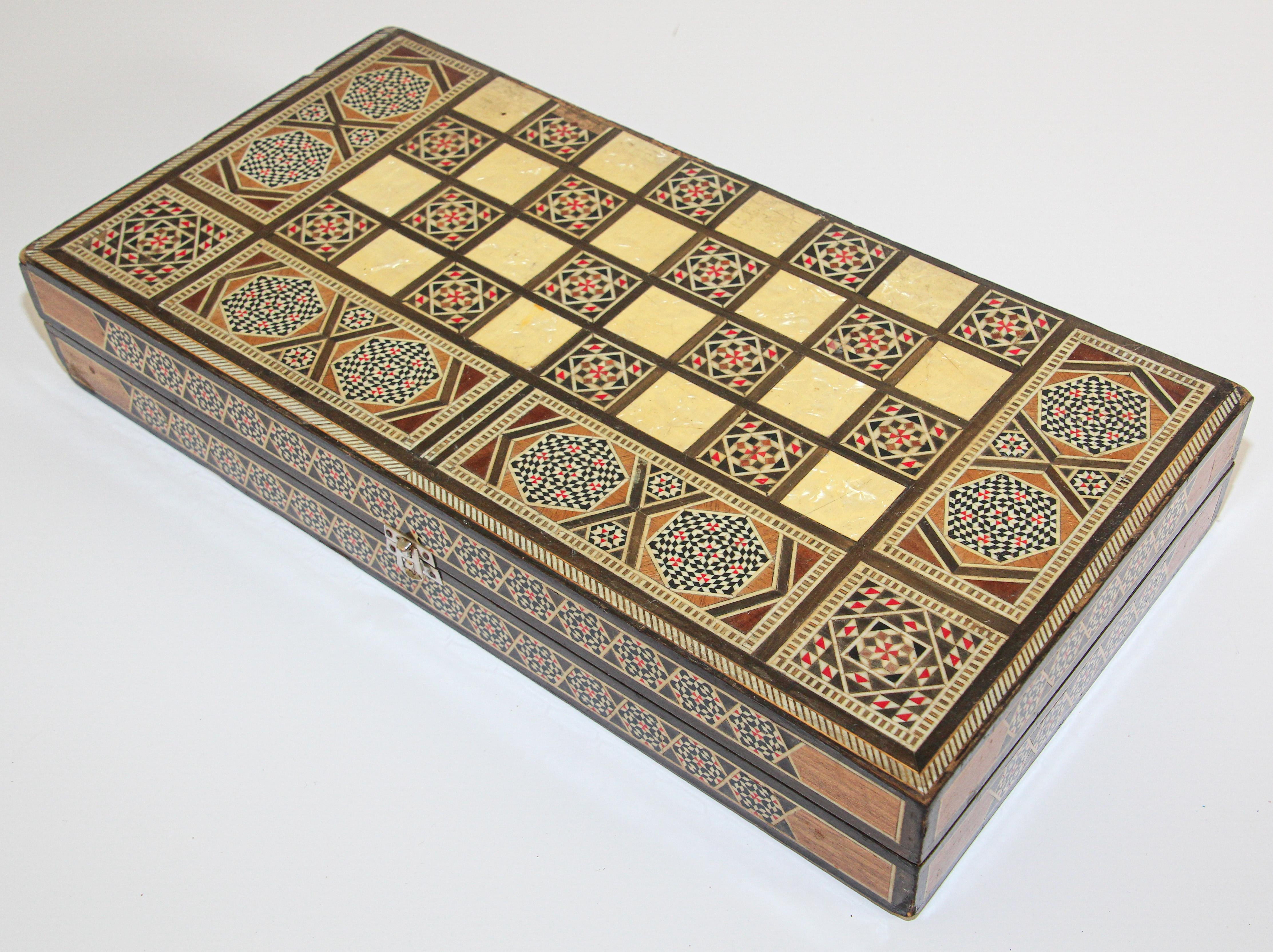 Moroccan Vintage Midcentury Folding Mosaic Inlaid Box with Backgammon Game