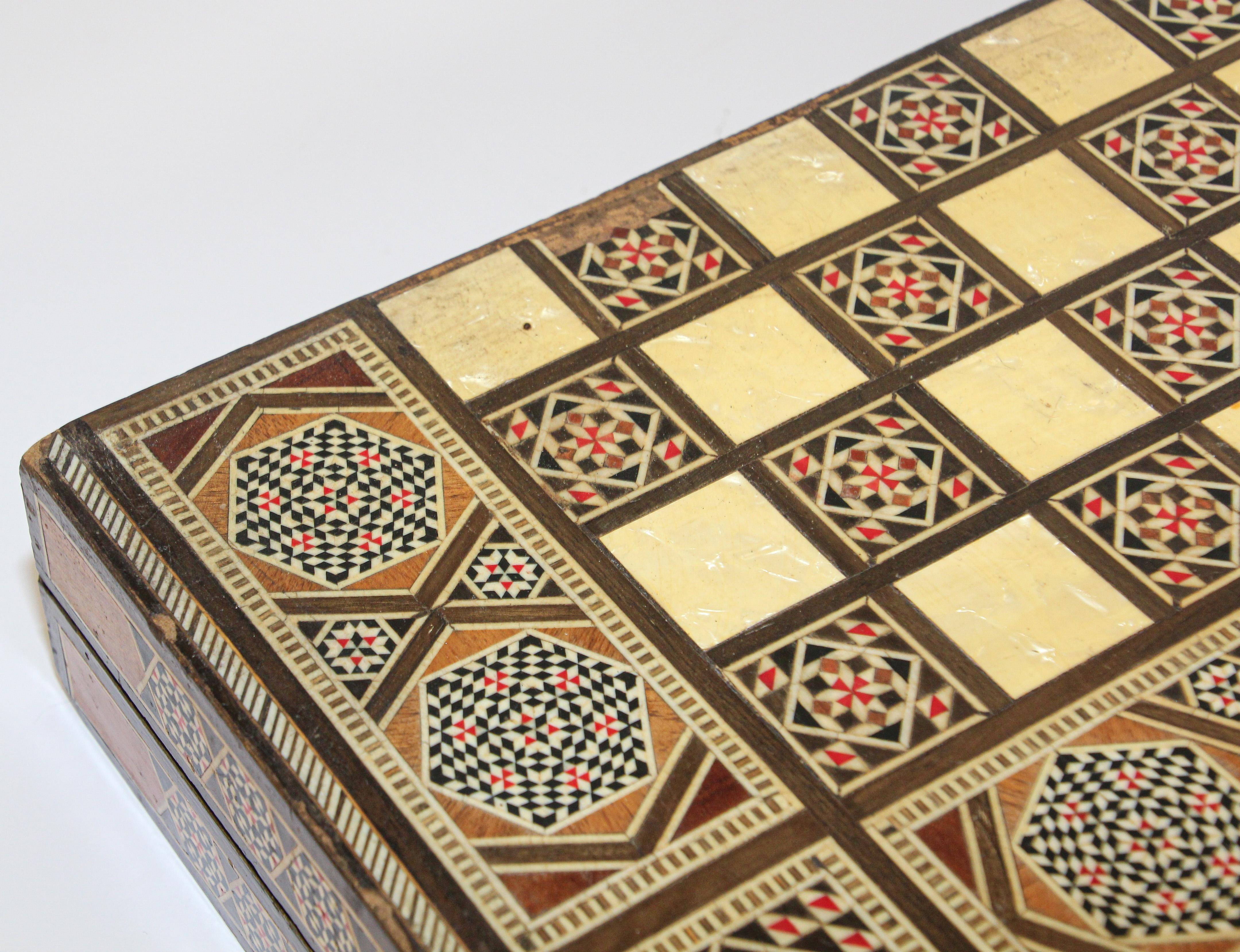 Marquetry Vintage Midcentury Folding Mosaic Inlaid Box with Backgammon Game