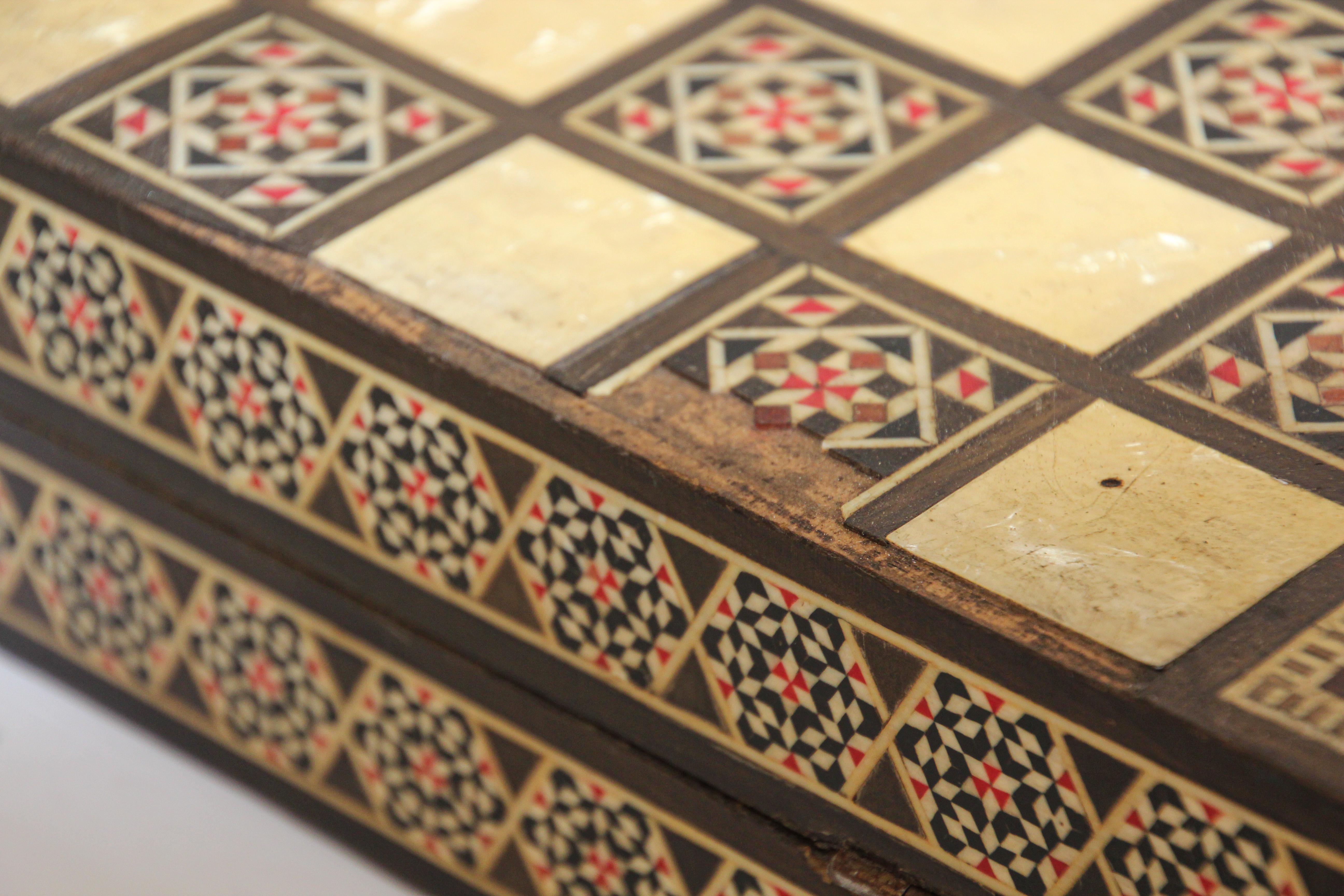 Wood Vintage Midcentury Folding Mosaic Inlaid Box with Backgammon Game