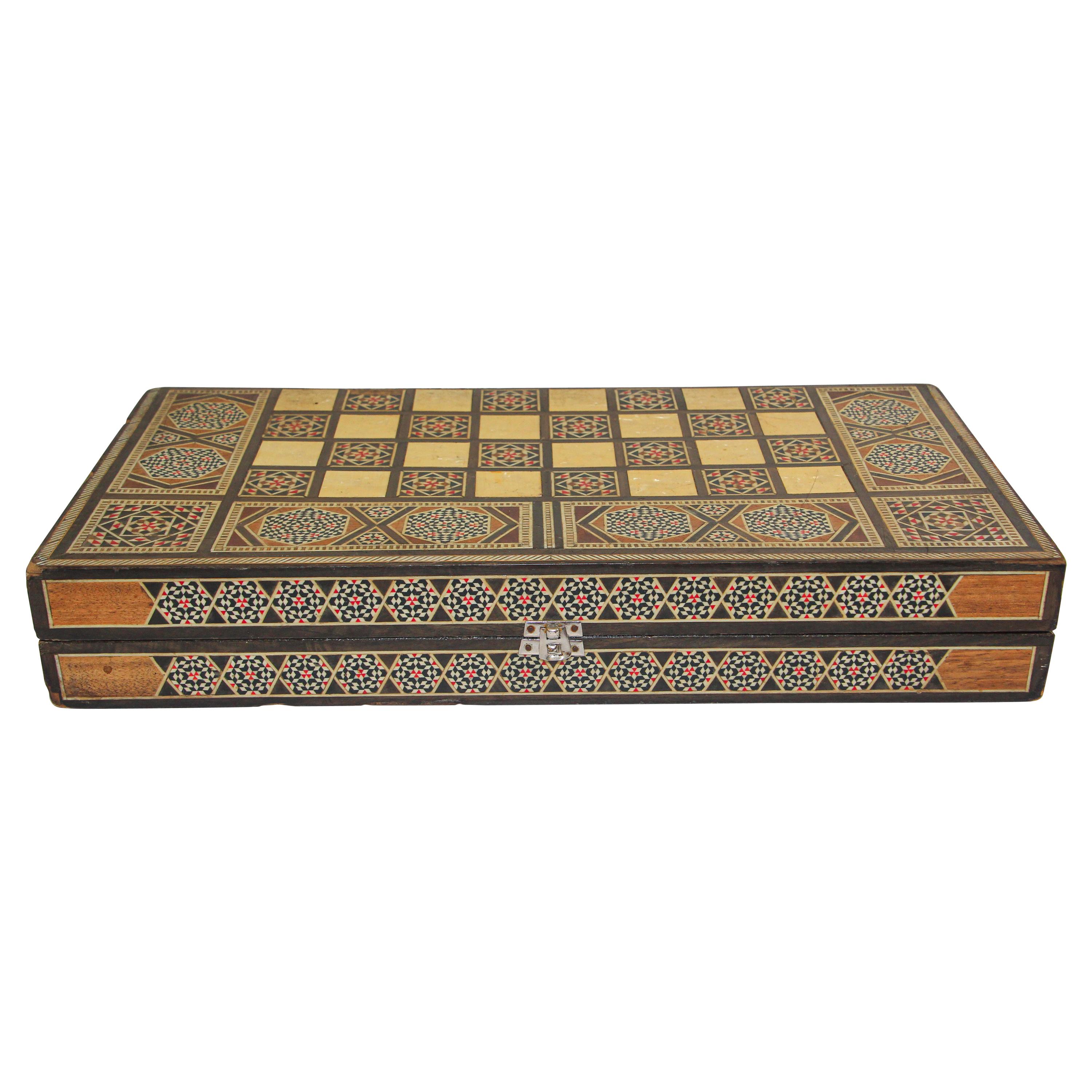 Vintage Midcentury Folding Mosaic Inlaid Box with Backgammon Game
