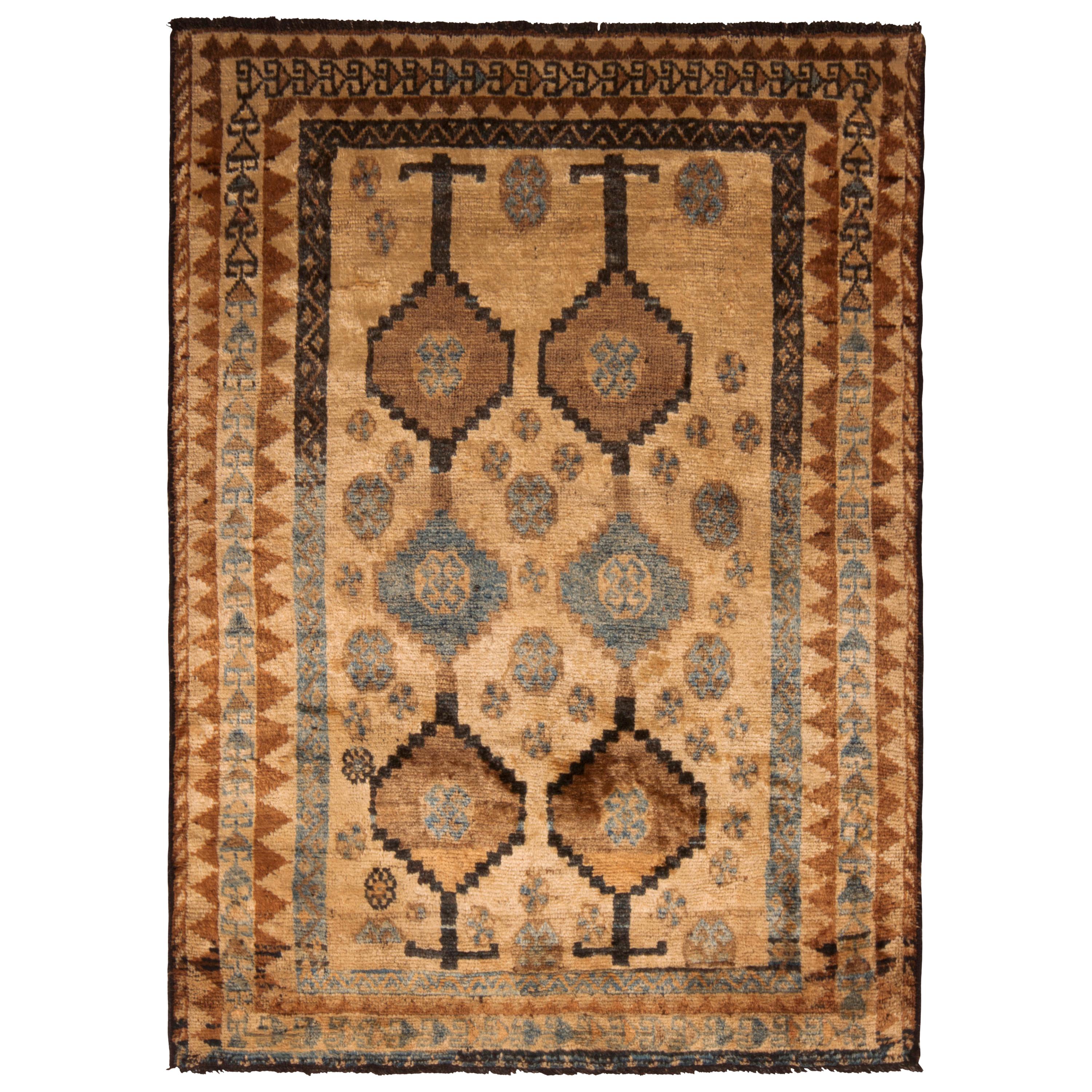 Gabbeh Persischer Teppich aus Wolle in Beige, Braun und Blau aus der Mitte des Jahrhunderts von Teppich & Kelim