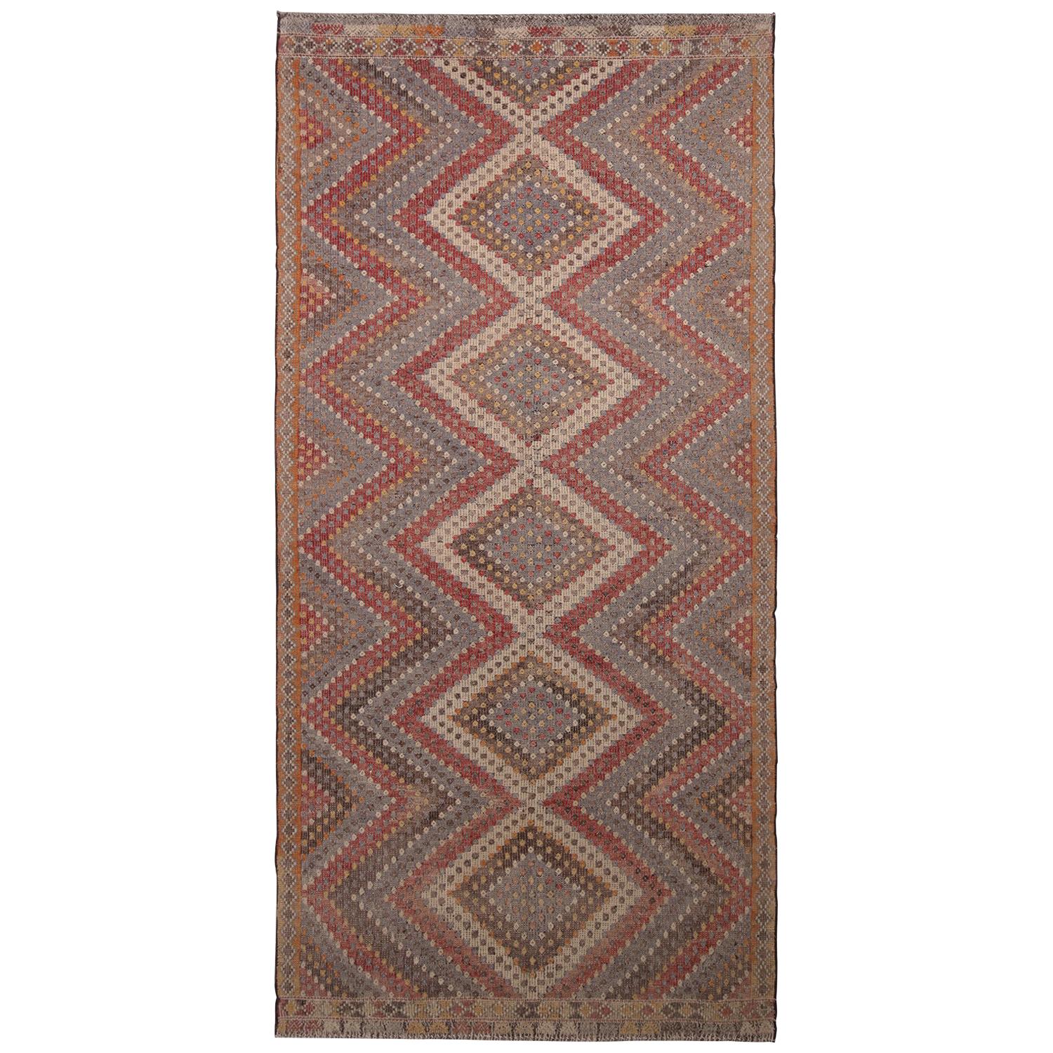 Vintage Midcentury Geometric Beige-Brown Red and Blue Wool Kilim Rug