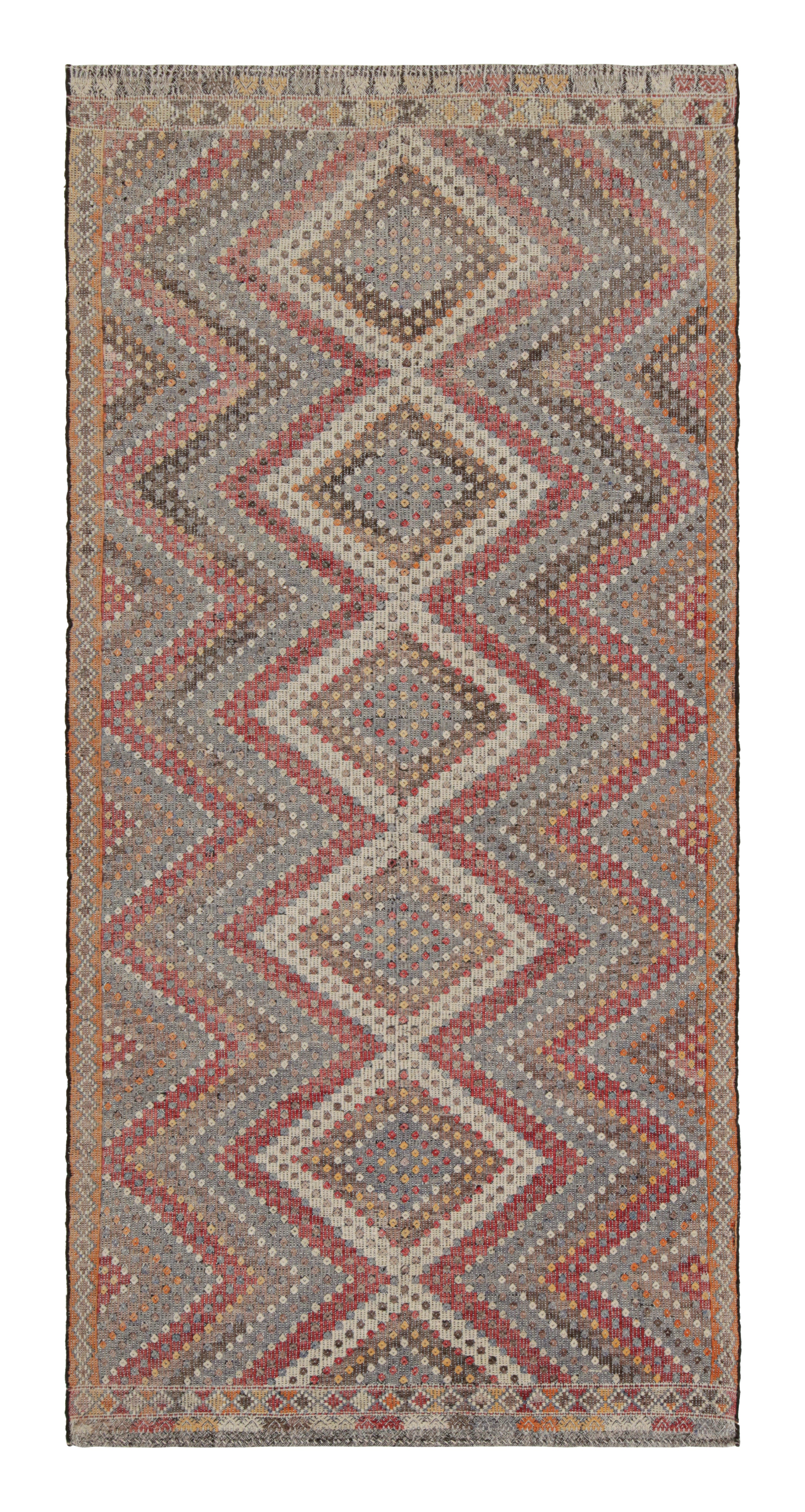 Vintage Midcentury Geometric Beige-Brown Red, Blue Wool Kilim Rug by Rug & Kilim For Sale