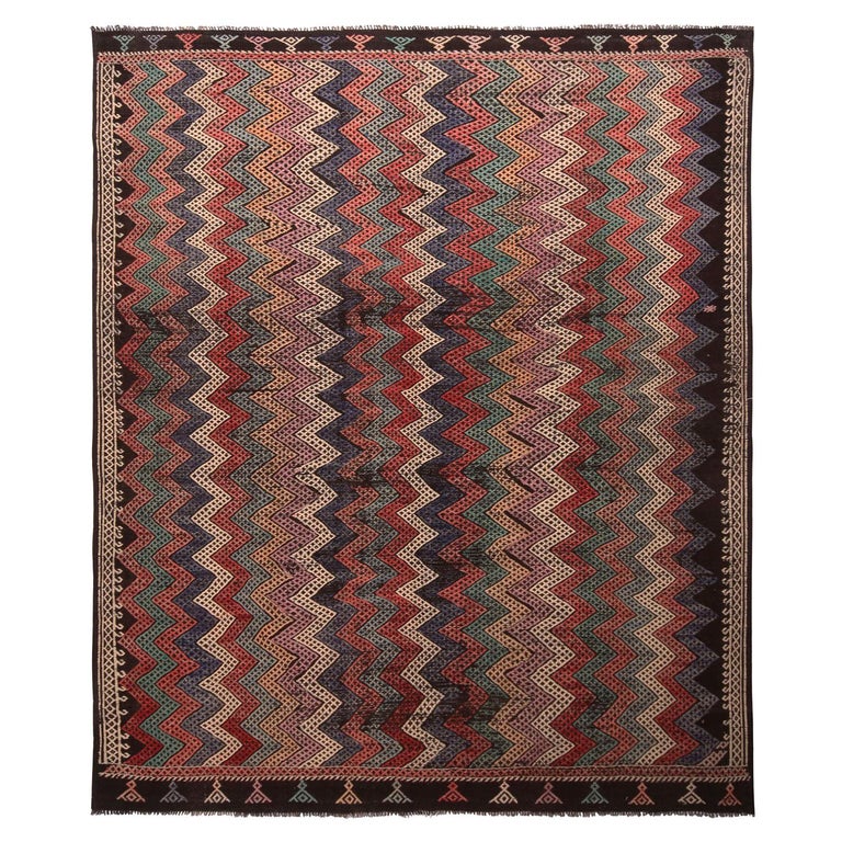 Vintage Midcentury Geometric Chevron Red Blue and Yellow Wool Kilim Rug For Sale