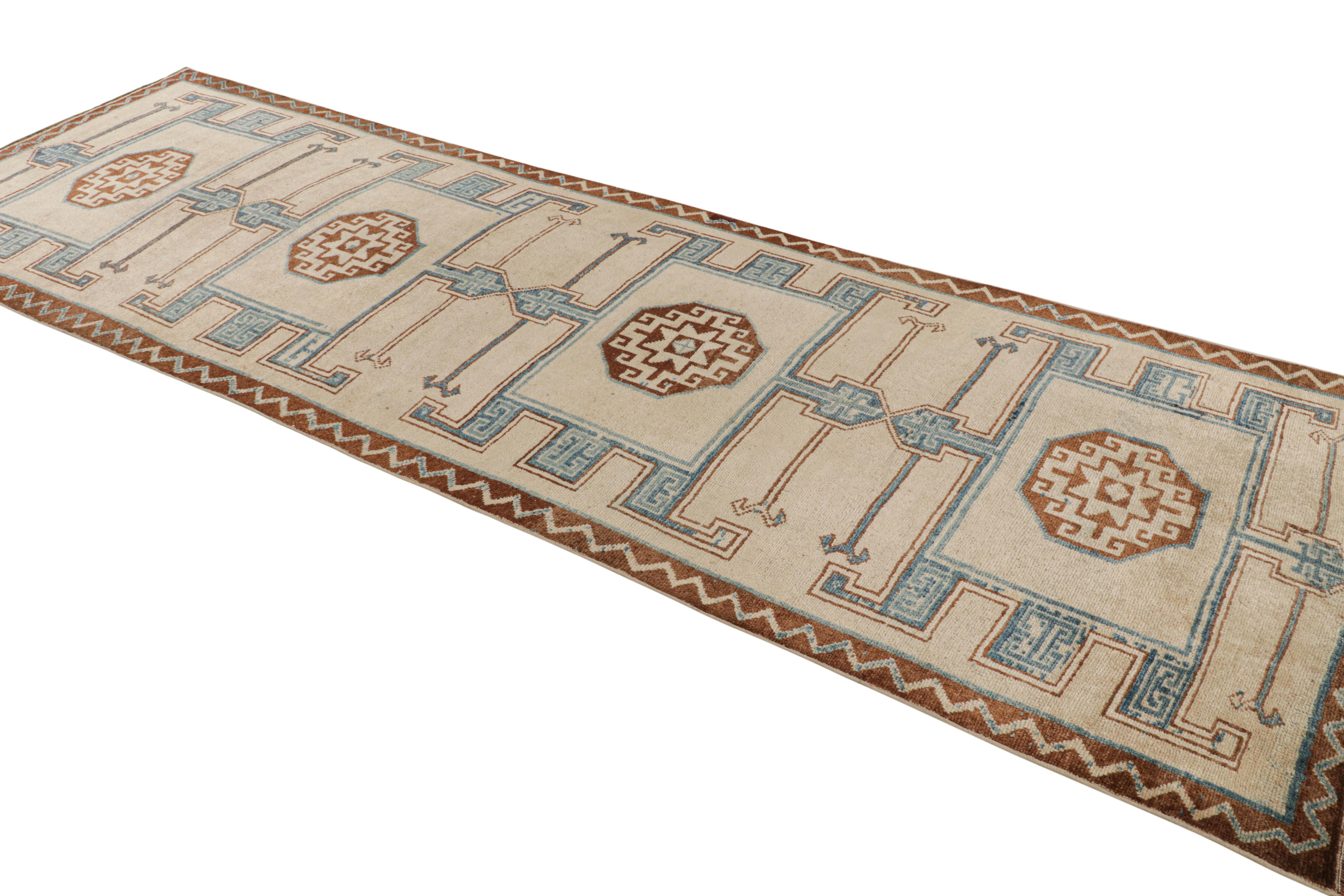 Hand-Knotted Vintage Midcentury Geometric Cream Beige and Blue Wool Runner by Rug & Kilim