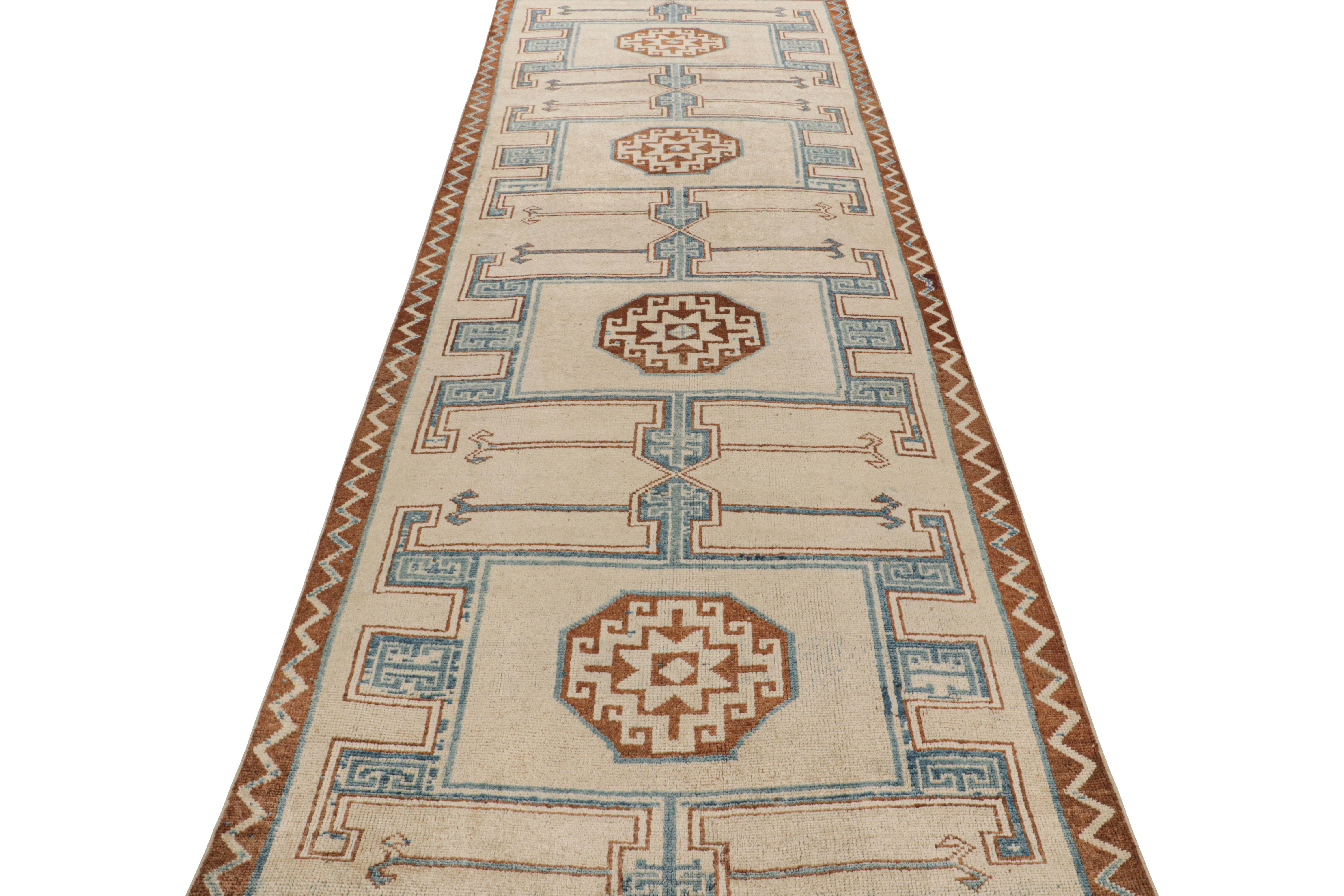 Vintage Midcentury Geometric Cream Beige and Blue Wool Runner by Rug & Kilim In Good Condition In Long Island City, NY