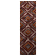 Tappeto vintage Midcentury Diamond Red Orange, Blue Wool Kilim Runner Rug & Kilim