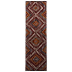 Vintage Midcentury Diamond Red Orange, Blue Wool Kilim Runner Rug by Rug & Kilim