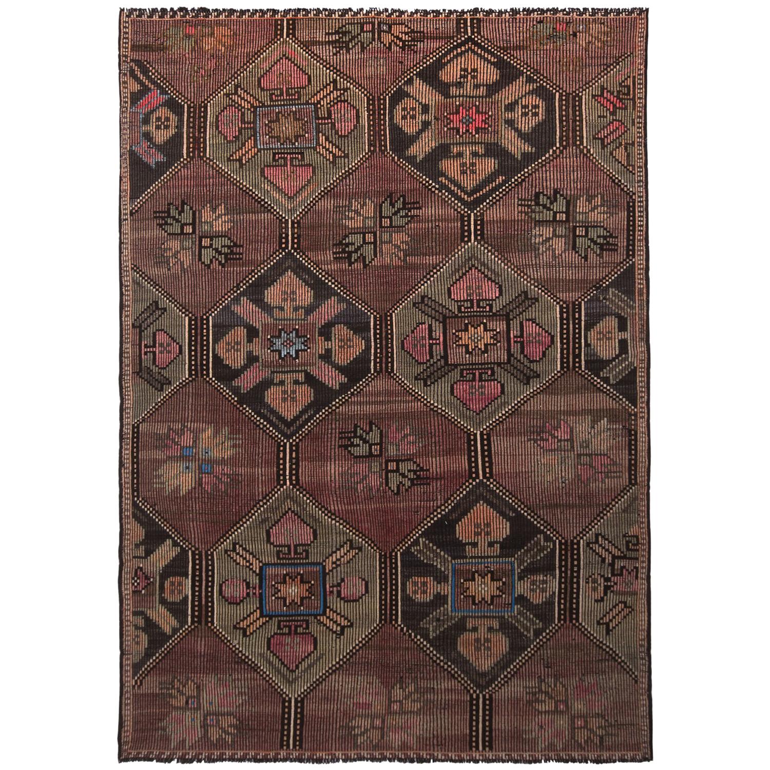 Vintage Midcentury Geometric Floral Purple Green and Black Wool Kilim Rug at 1stDibs purple