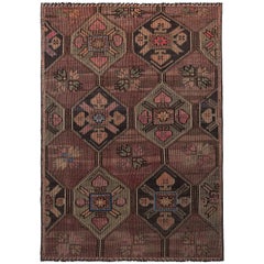 Vintage Midcentury Geometric Floral Purple Green and Black Wool Kilim Rug