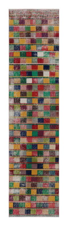 Vintage Midcentury Geometric Green and Multi-Color Wool Runner by Rug & Kilim