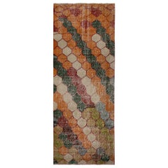 Vintage Midcentury Geometric Orange and Green Wool Runner, Multi-Color Accents