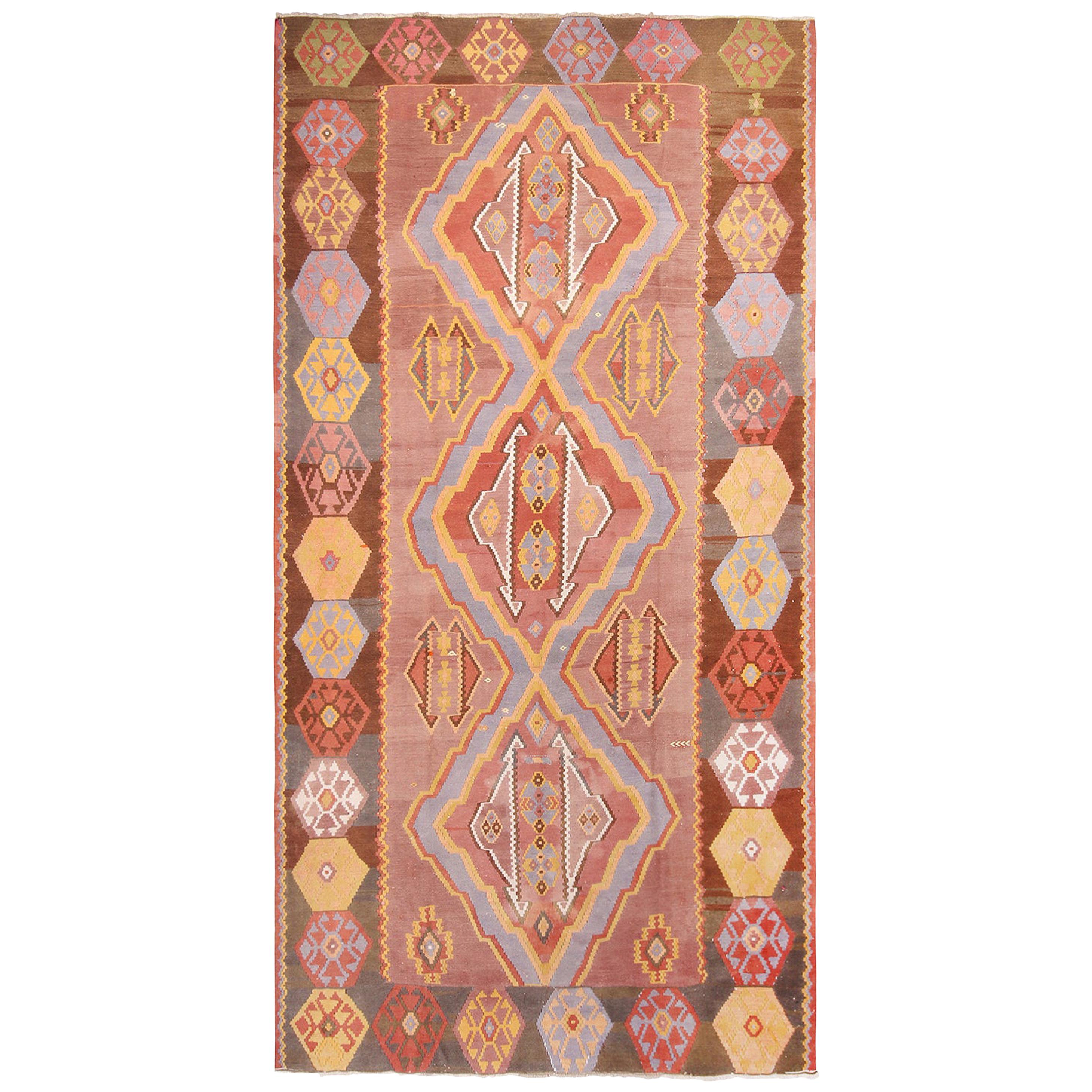 Vintage Midcentury Diamond Pattern Pink and Blue Wool Rug For Sale at