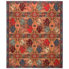 Vintage Midcentury Geometric Pink Red and Blue Wool Kilim Rug