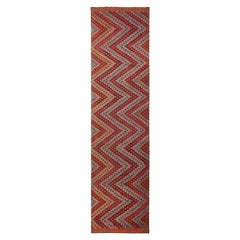 Vintage Midcentury Geometric Red and Blue Wool Kilim Runner, Chevron Pattern