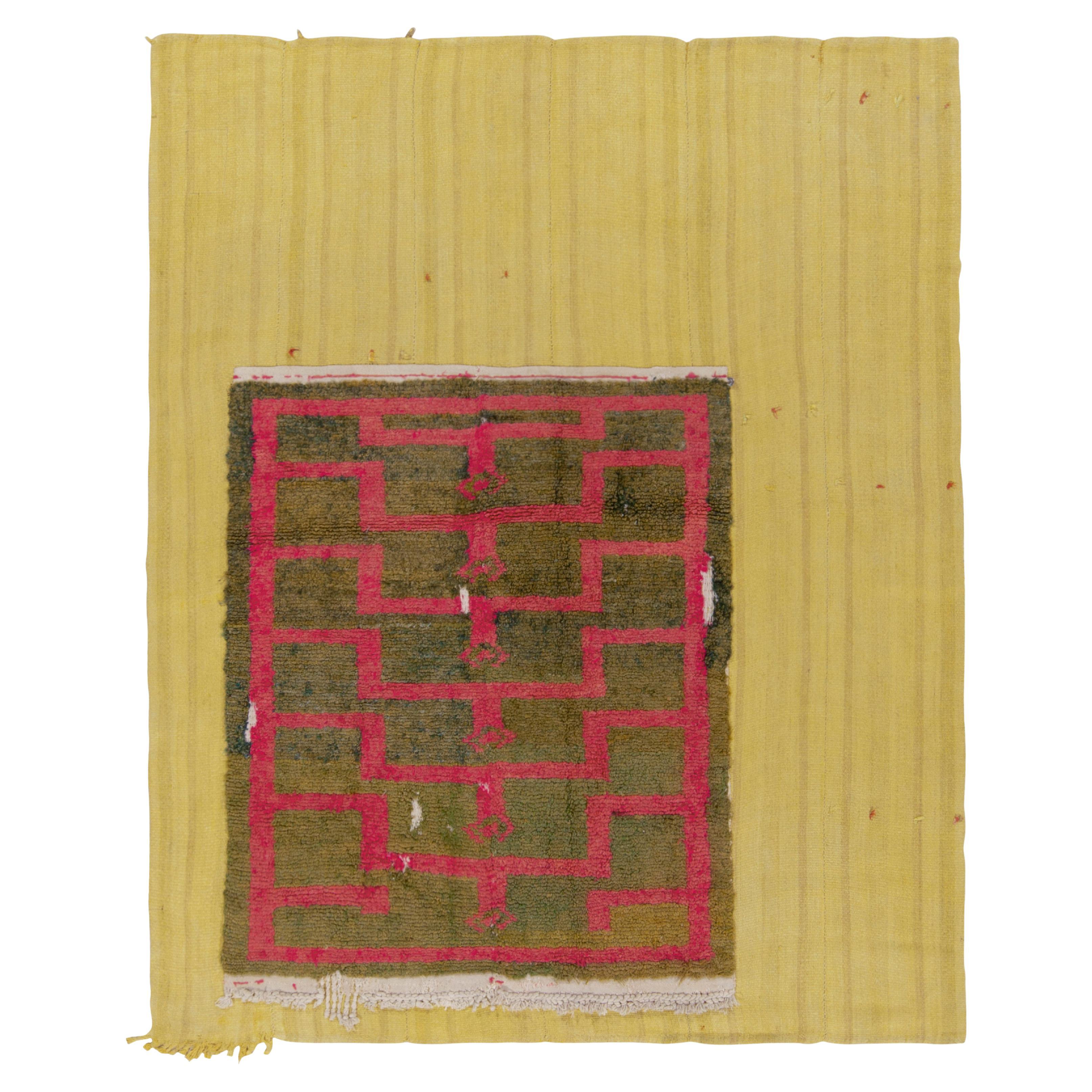 Vintage Midcentury Geometric Red, Green Layered Wool Flat-Weave by Rug & Kilim