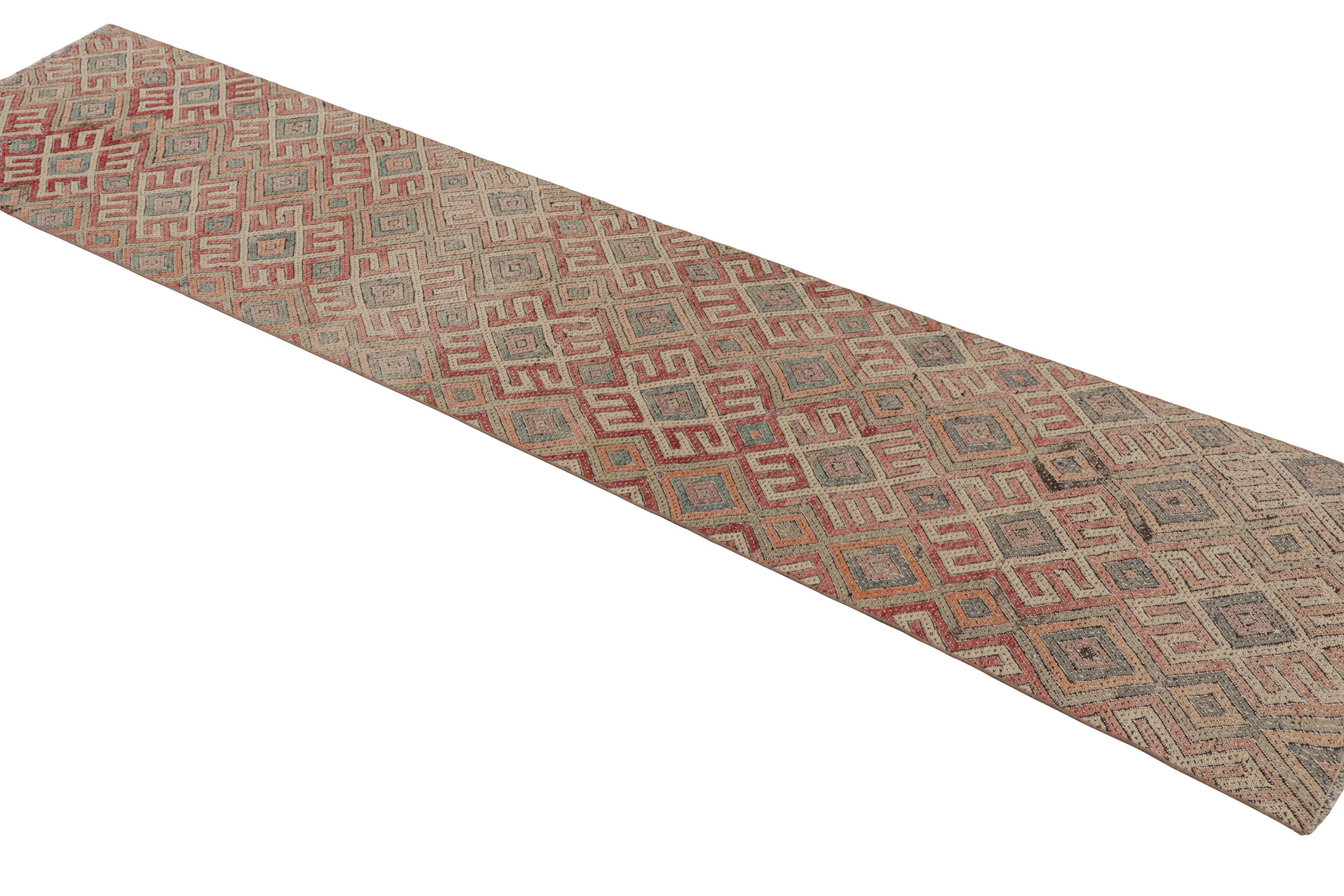 Hand-Knotted Vintage Midcentury Geometric Red Green, White Wool Kilim Runner by Rug & Kilim For Sale