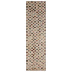 Vintage Midcentury Geometric Tan-Beige Wool Runner, Multi-Color Accents