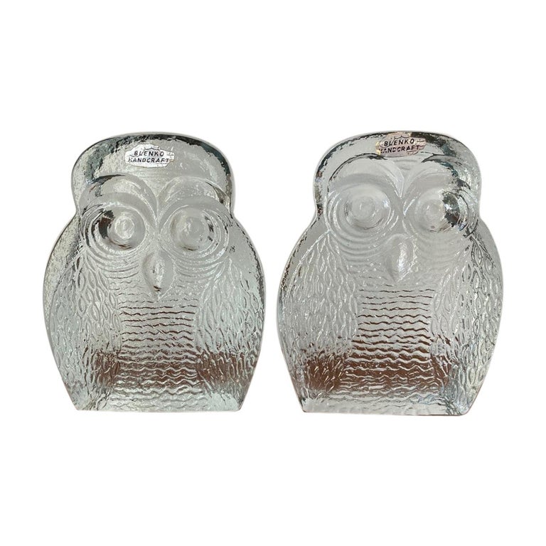 Vintage Midcentury Glass Owl Bookends by Blenko For Sale