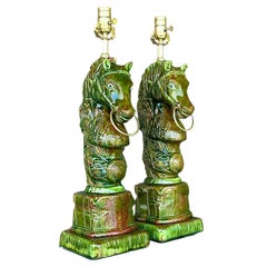 Retro Midcentury Glazed Ceramic Horse Lamps, a Pair