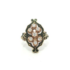 Vintage Midcentury Gold Black Enamel Work w/ Diamond Platter Twisted Sides Ring