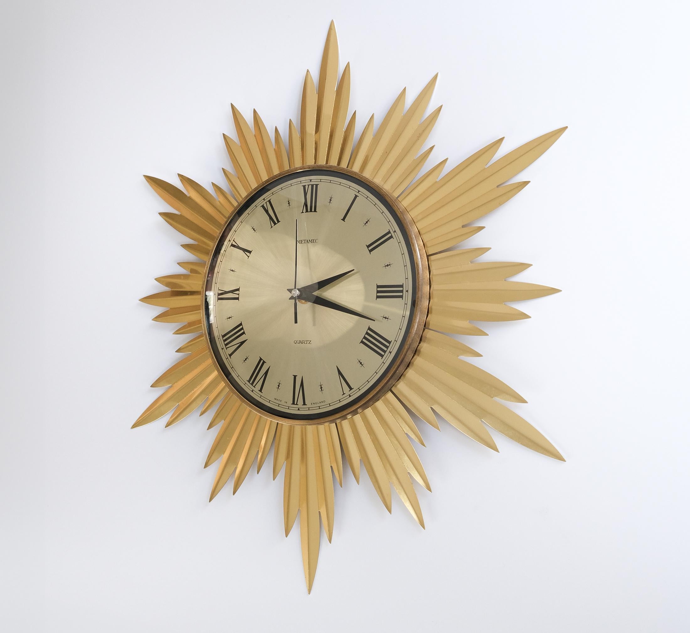 Vintage Mid_Century Gold Metamec Starburst Wall Clock, 1960s For Sale 3