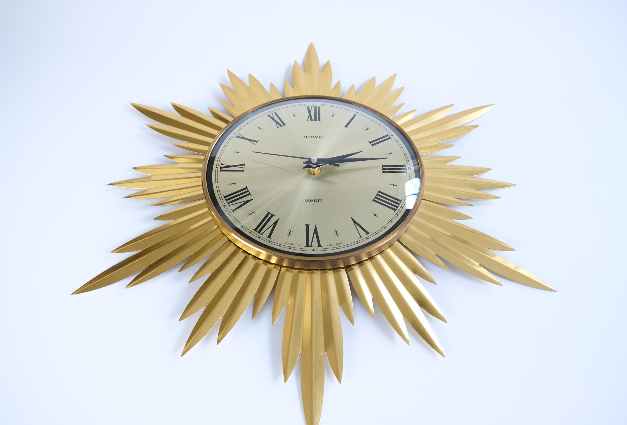British Vintage Mid_Century Gold Metamec Starburst Wall Clock, 1960s For Sale