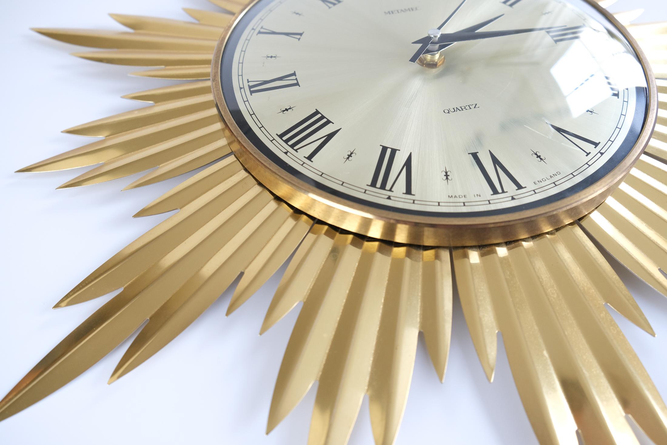 20th Century Vintage Mid_Century Gold Metamec Starburst Wall Clock, 1960s For Sale