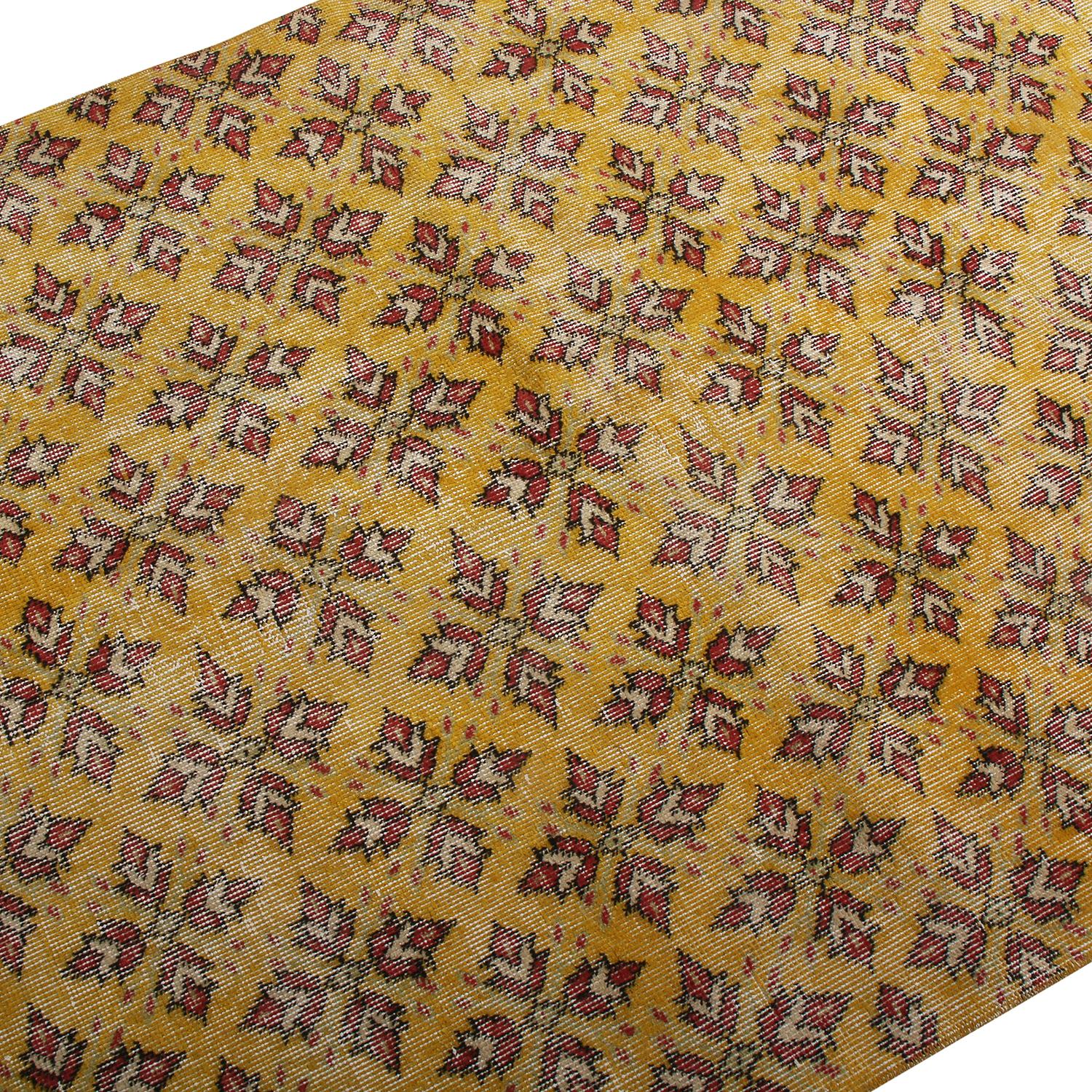 Mid-Century Modern Vintage Midcentury Gold-Yellow and Red Geometric-Floral Wool Rug by Rug & Kilim For Sale