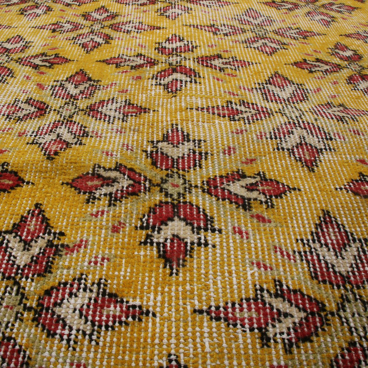 Hand-Knotted Vintage Midcentury Gold-Yellow and Red Geometric-Floral Wool Rug by Rug & Kilim For Sale
