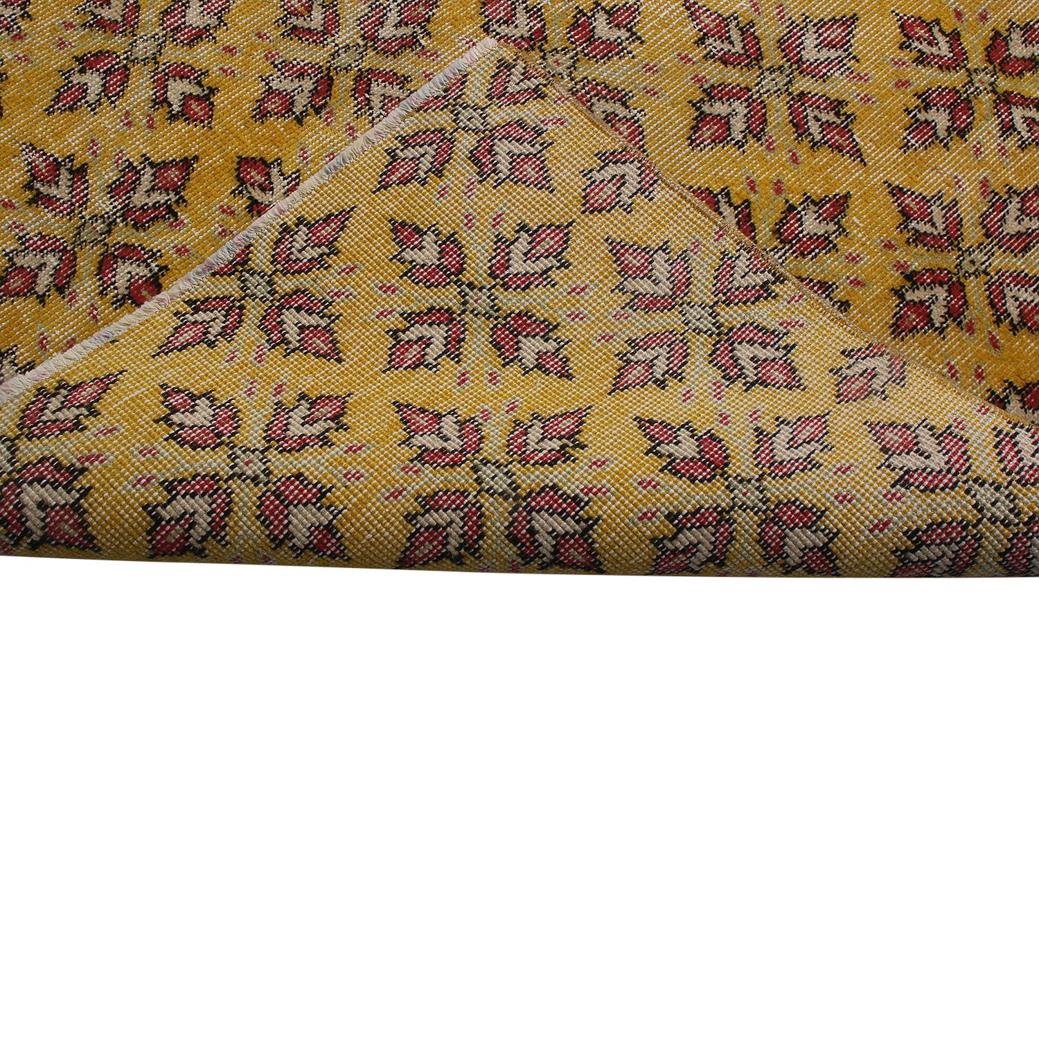 Vintage Midcentury Gold-Yellow and Red Geometric-Floral Wool Rug by Rug & Kilim In Good Condition For Sale In Long Island City, NY
