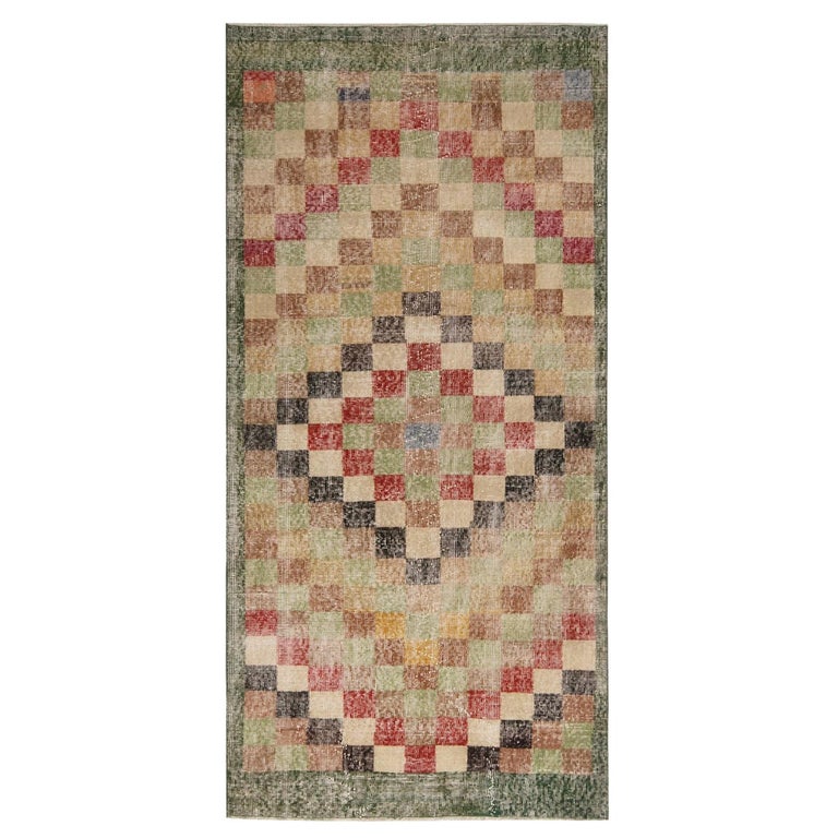 Vintage Midcentury Green and Red Geometric Wool Rug with Earth Tone ...