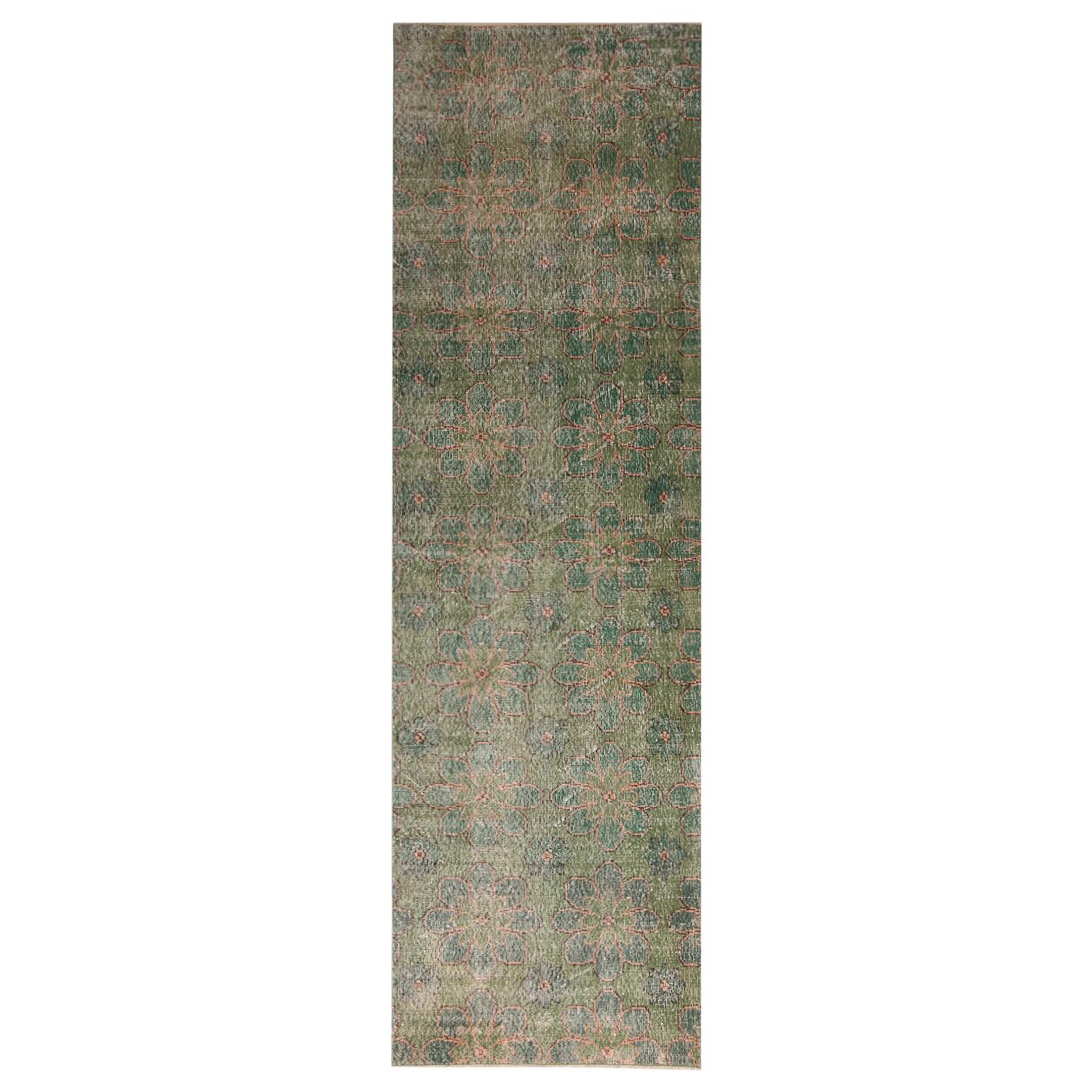 Vintage Midcentury Green and Turquoise Geometric-Floral Wool Rug