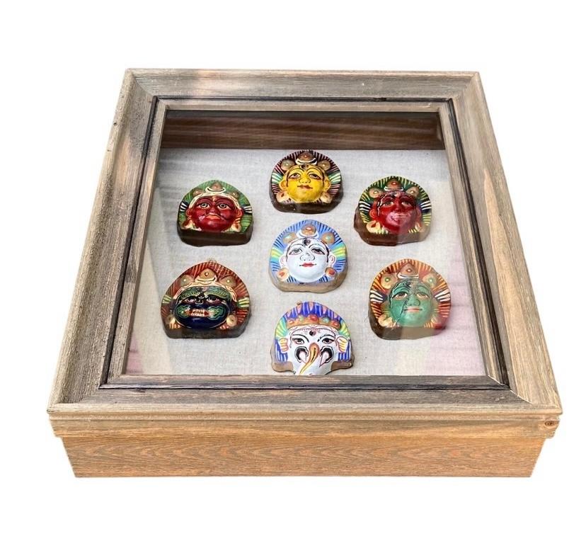Vintage Midcentury Hand Painted Shiva Sculptures Framed in Shadow Box 2